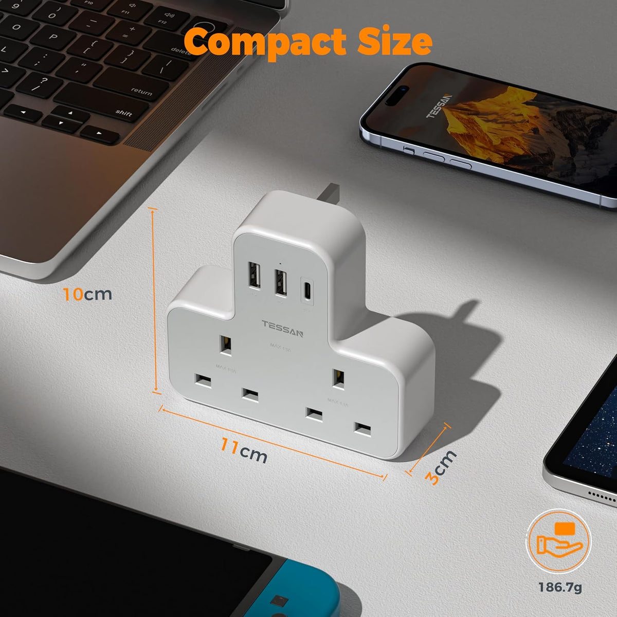 TESSAN Plug Adapter with 3 USB Ports, 2 Way MultiPlug Extension