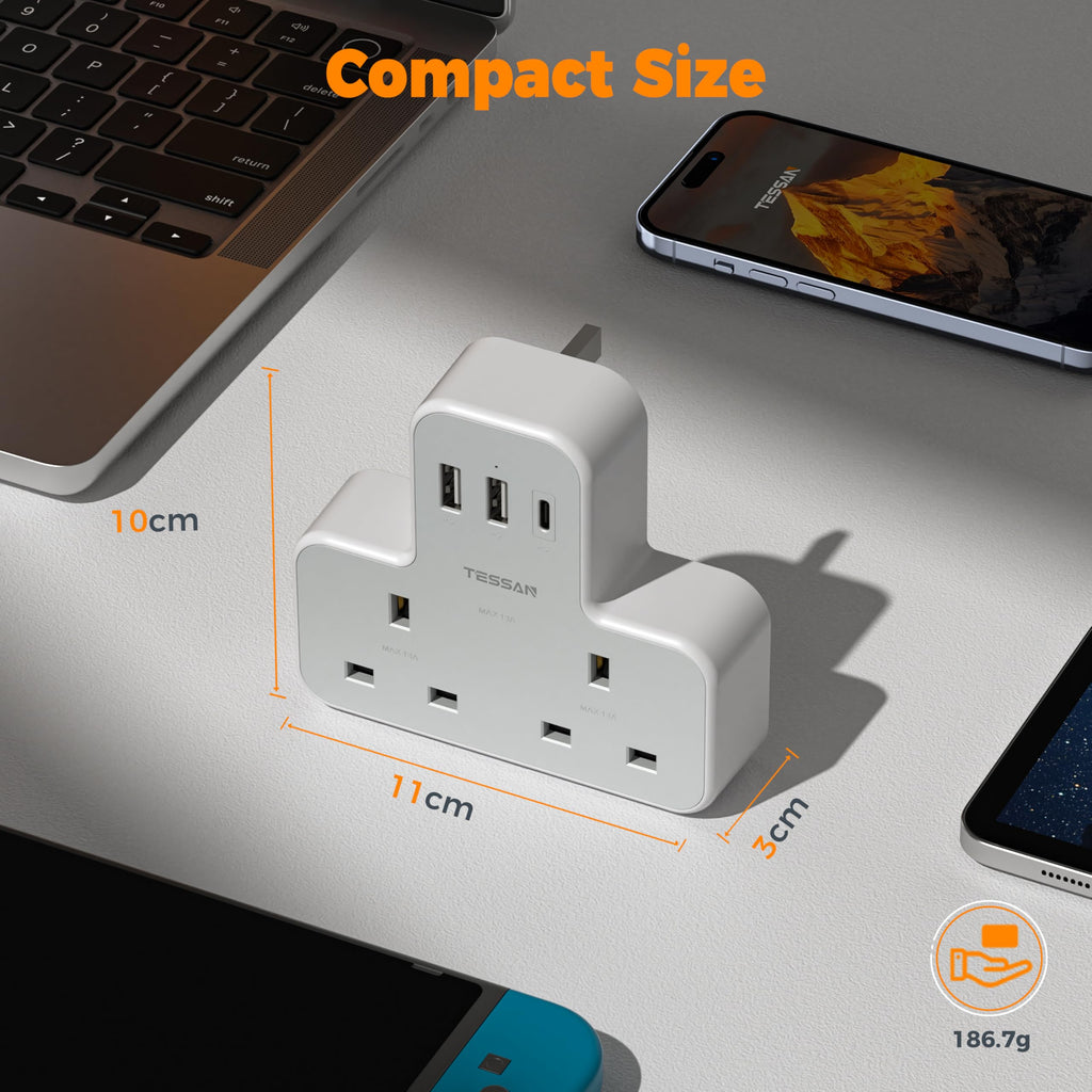 TESSAN USB Charger Plug Adapter UK (2 USB C), Double Plug Extension Socket