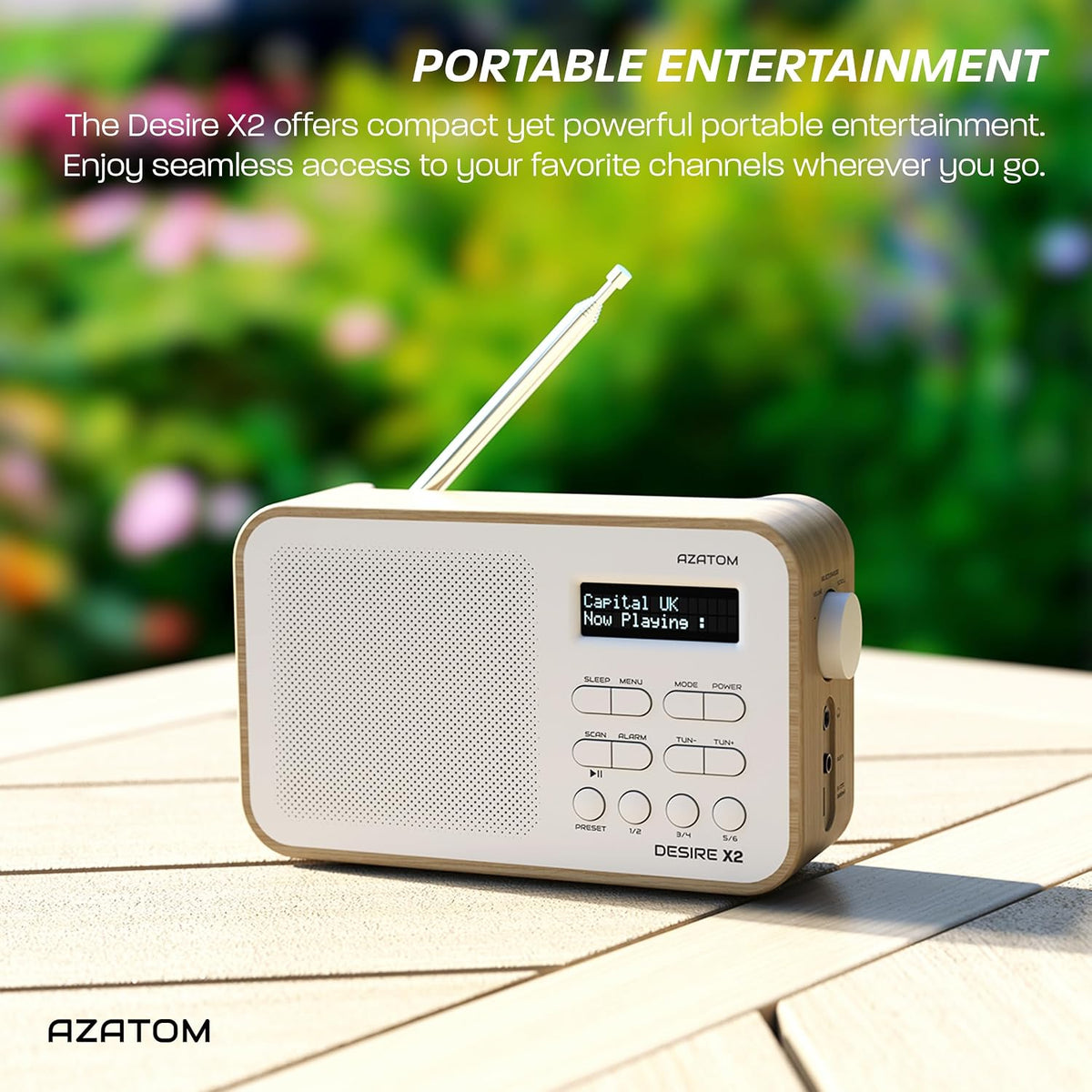 DAB/DAB+ & FM Portable Digital Radio | Simple Controls | Dual Alarms & Sleep Timer | Battery & Mains Powered (4x”AA”) | Bluetooth | Perfect for Home, Office or Outdoors | AZATOM Desire X2 (Oak)