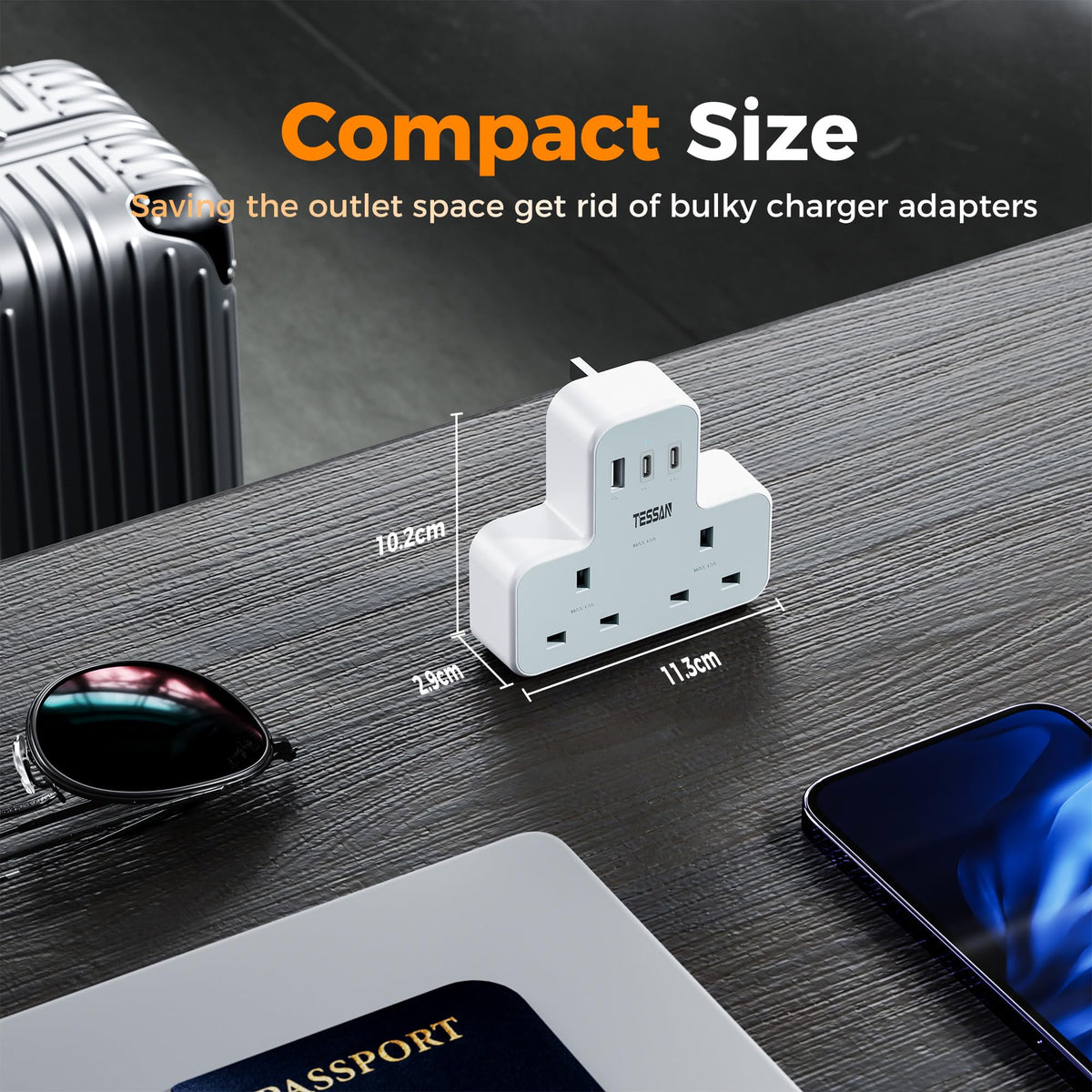 TESSAN Plug Adapter with 3 USB Ports, 2 Way MultiPlug Extension