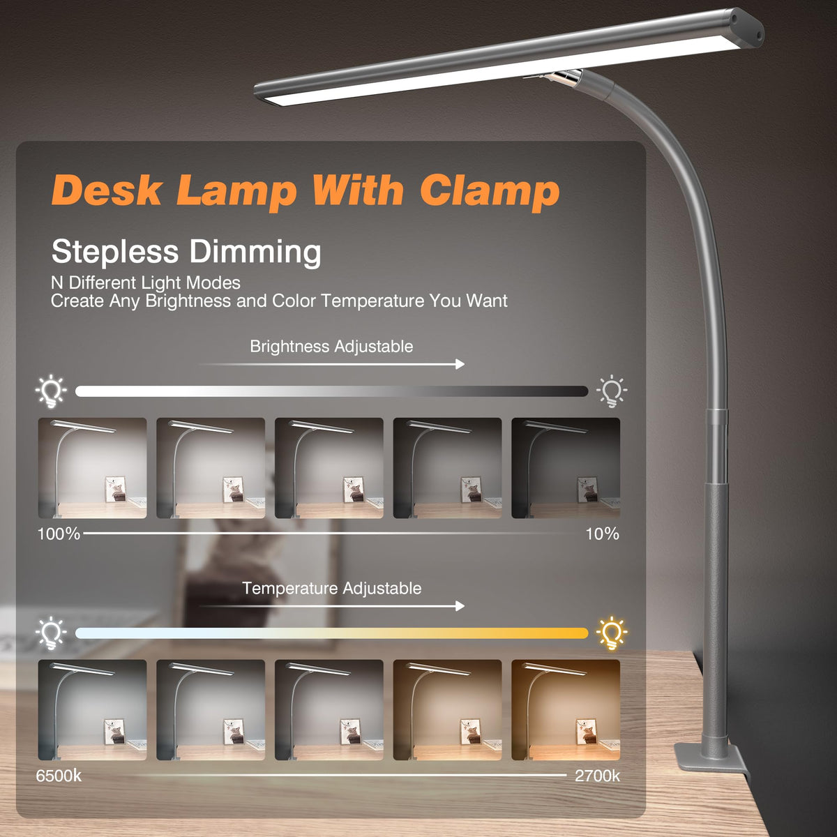 Airlonv LED Desk Lamp with Clamp, 17" Stepless Dimming Light, Black