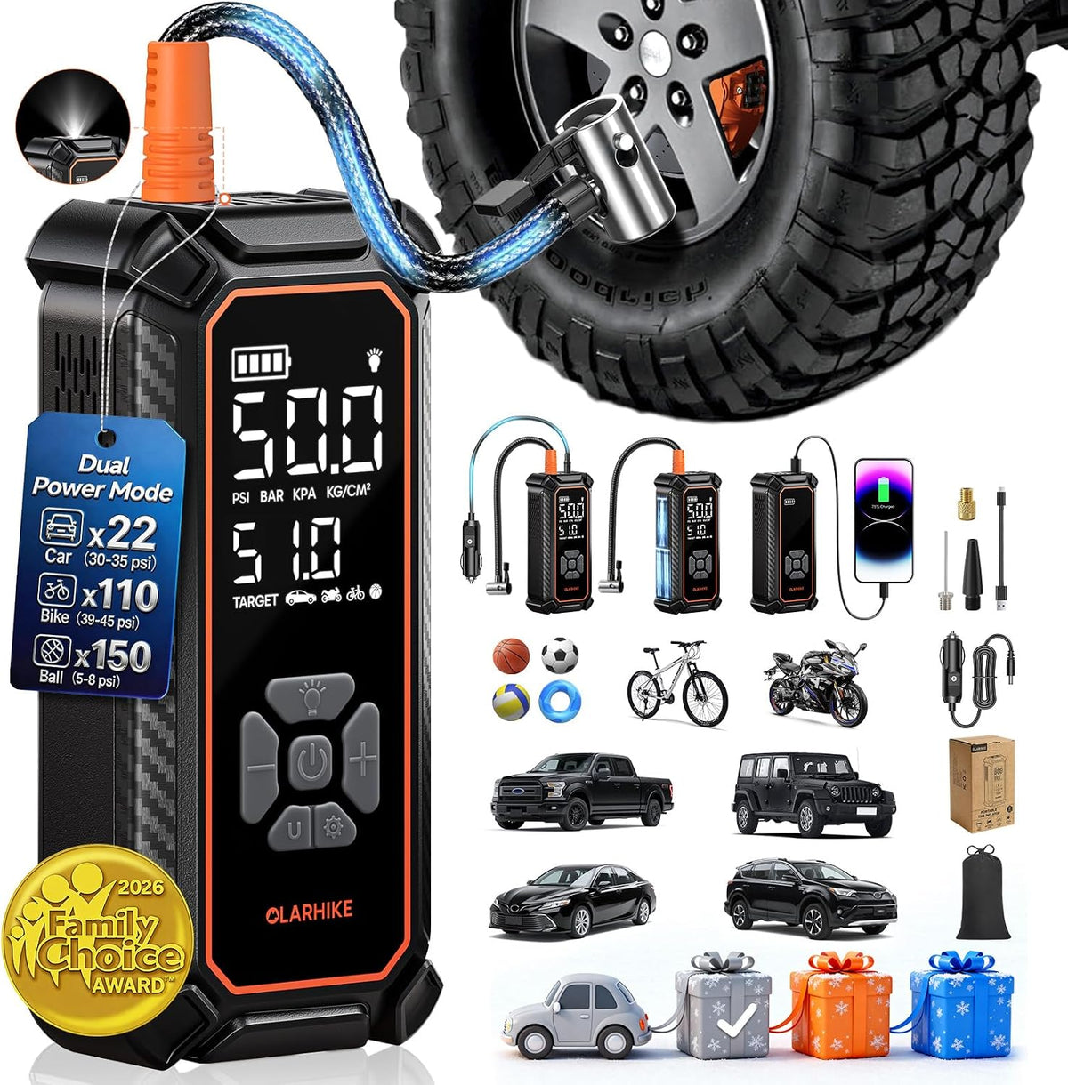 OlarHike Tire Inflator Portable Air Compressor,Dual Power-3*2500mAh &12V DC