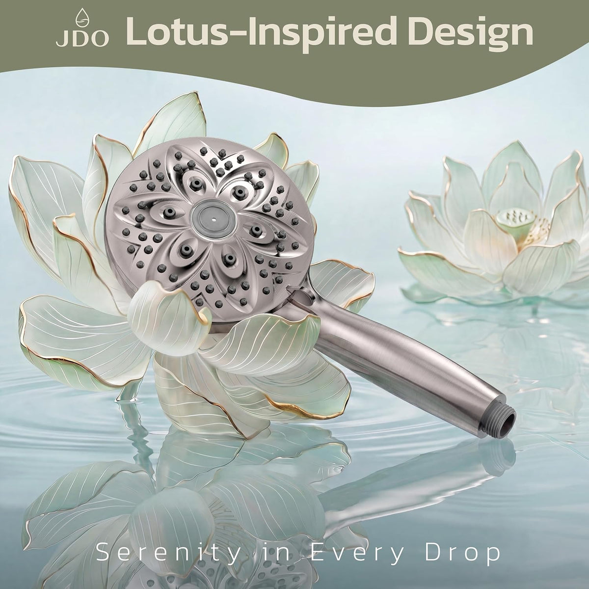 JDO High‑Pressure 6‑Setting Handheld Shower Head, 4.7 Inch Chrome Premium