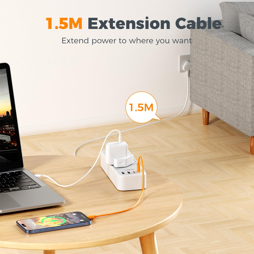 TESSAN 10M Long Extension Lead with PD 20W USB C Charger (4 USB Slots)