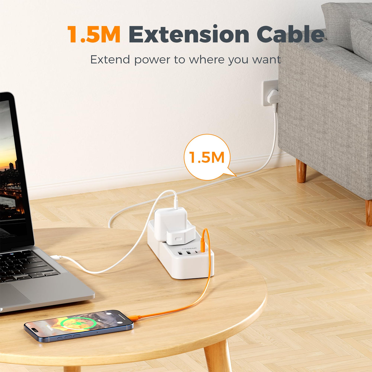 TESSAN 10M Long Extension Lead with PD 20W USB C Charger (4 USB Slots)