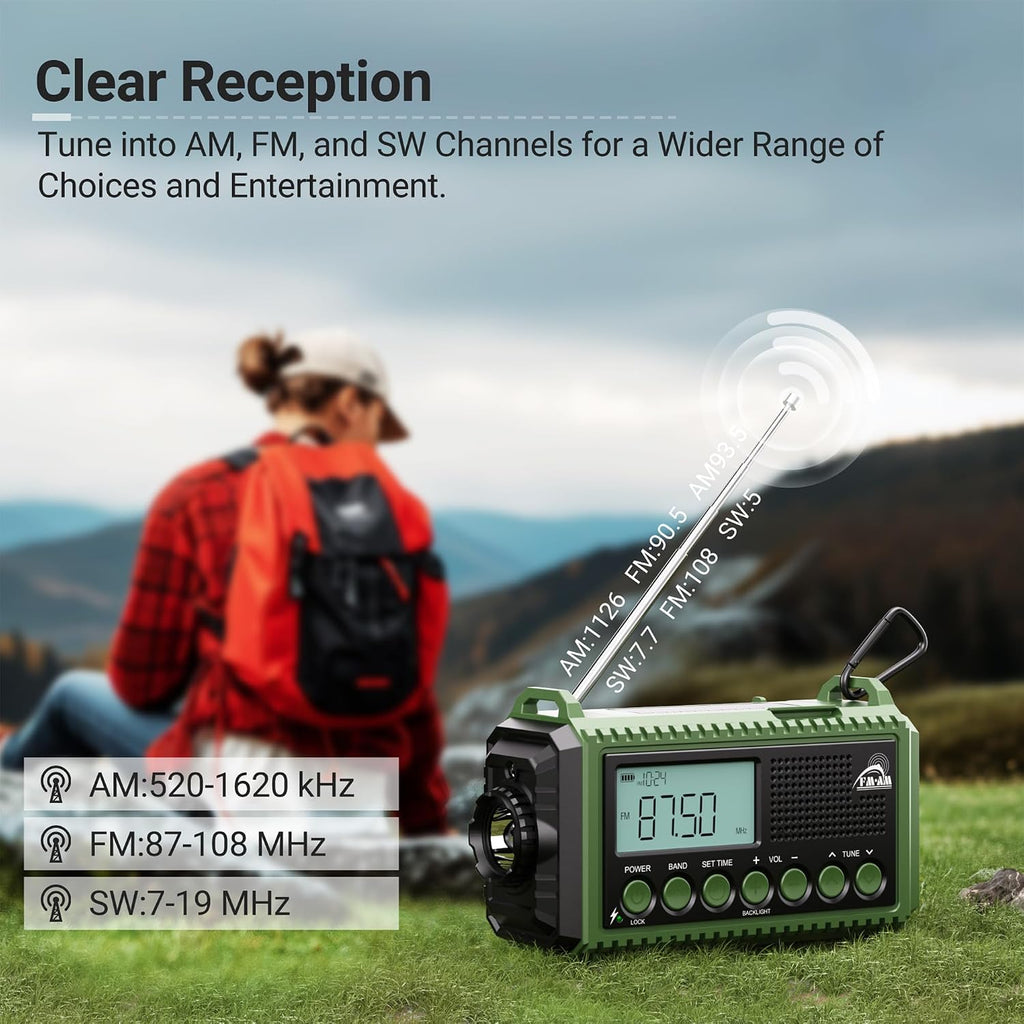 Mesqool Portable Wind Up Hand Crank and Solar Powered Radio with USB Phone Charger, Emergency Radio with SOS Alarm and Flashlight, AM/FM/SW Radio with 12000mAh Rechargeable Battery for Outdoor