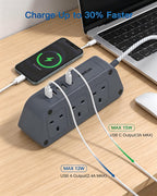 Extension Lead with USB Slots, 6 Way Outlets 5 USB (5A, 3 USB- C Port),1.6M
