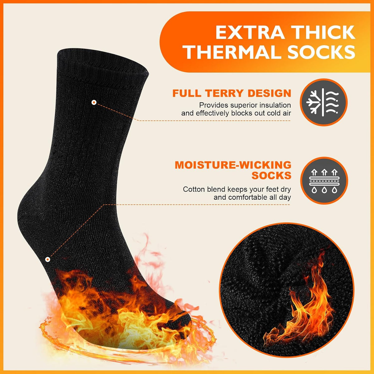 Niofind Warm Thermal Socks for Men Women, Full Cushion Winter Socks, Crew Length Black Heavy Duty Heated Cotton Boot Sock for Work Outdoor Walking, Hiking, Running, 3/6 Pairs, Gifts for Men women