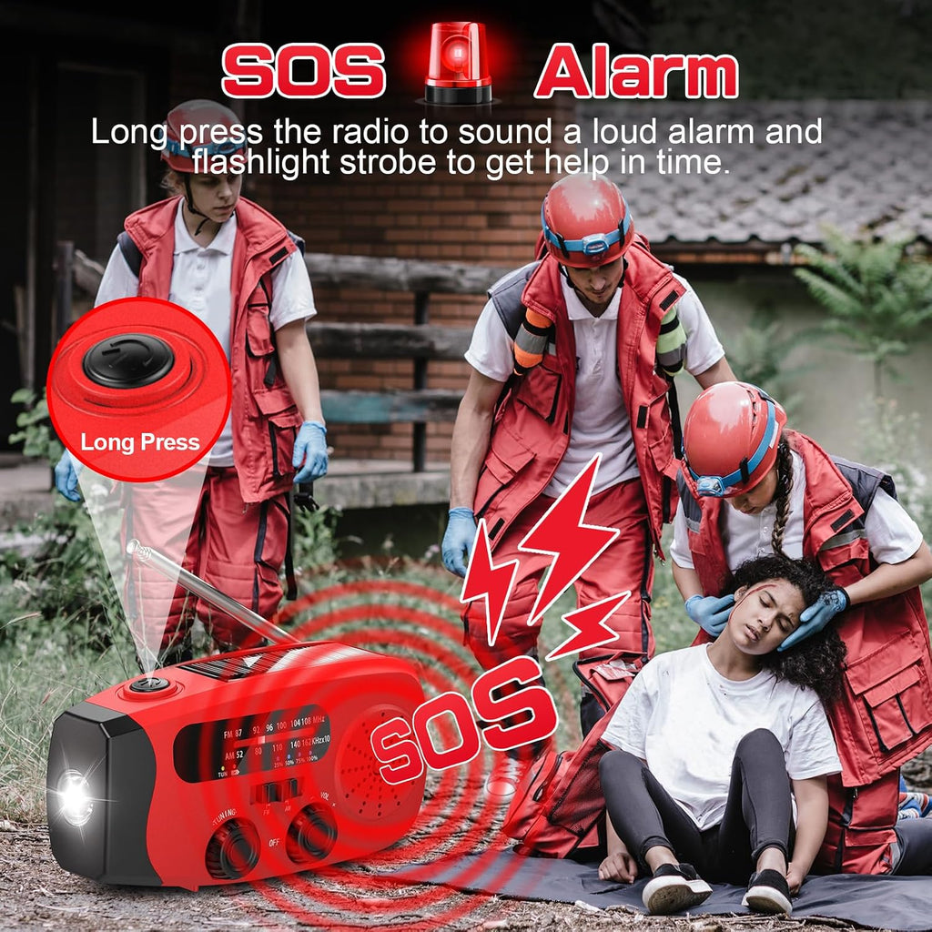Wind Up Solar Radio, Emergency Radio, Portable Hand Crank Radio, AM/FM Radio with LED Torch, 7400mWh Rechargeable Power Bank, SOS Alarm, USB Phone Charger, Emergency Use for Camping Hiking (Red)