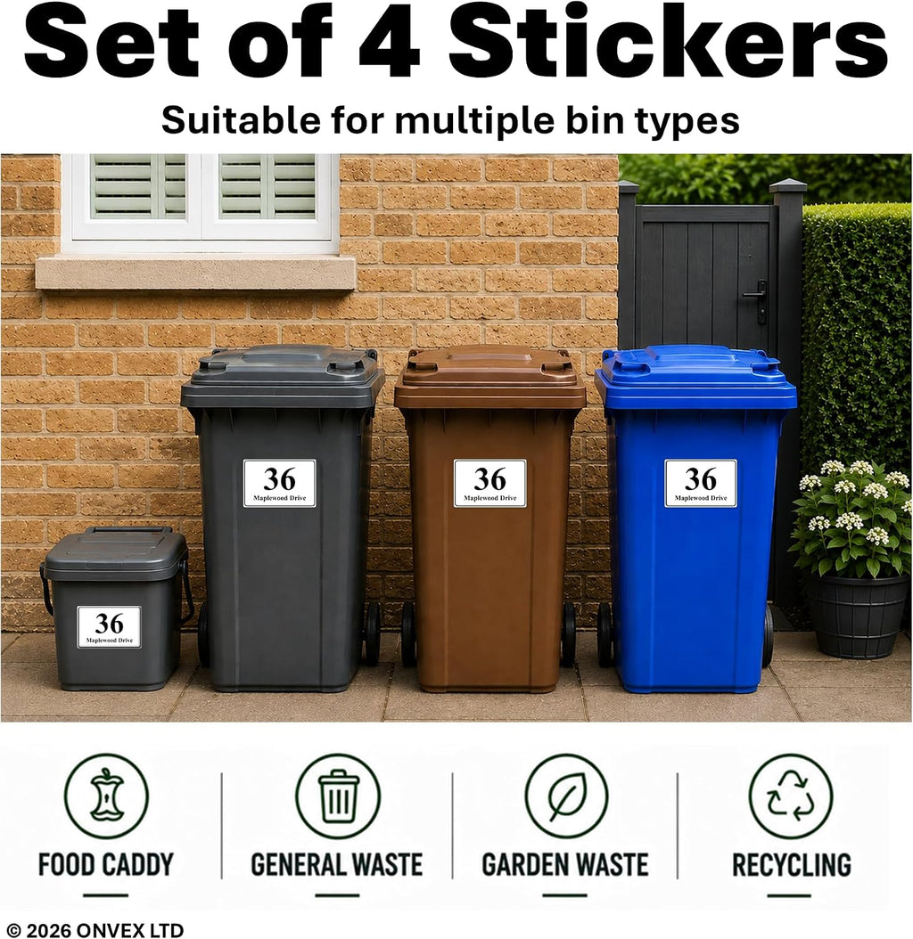 Set of 4 Personalised Wheelie Bin Stickers, Custom Bin Number Stickers with House Number and Street Name, Waterproof Labels for Rubbish and Recycling Bins, Easy Apply, 100 x 150mm (Style - Classic)