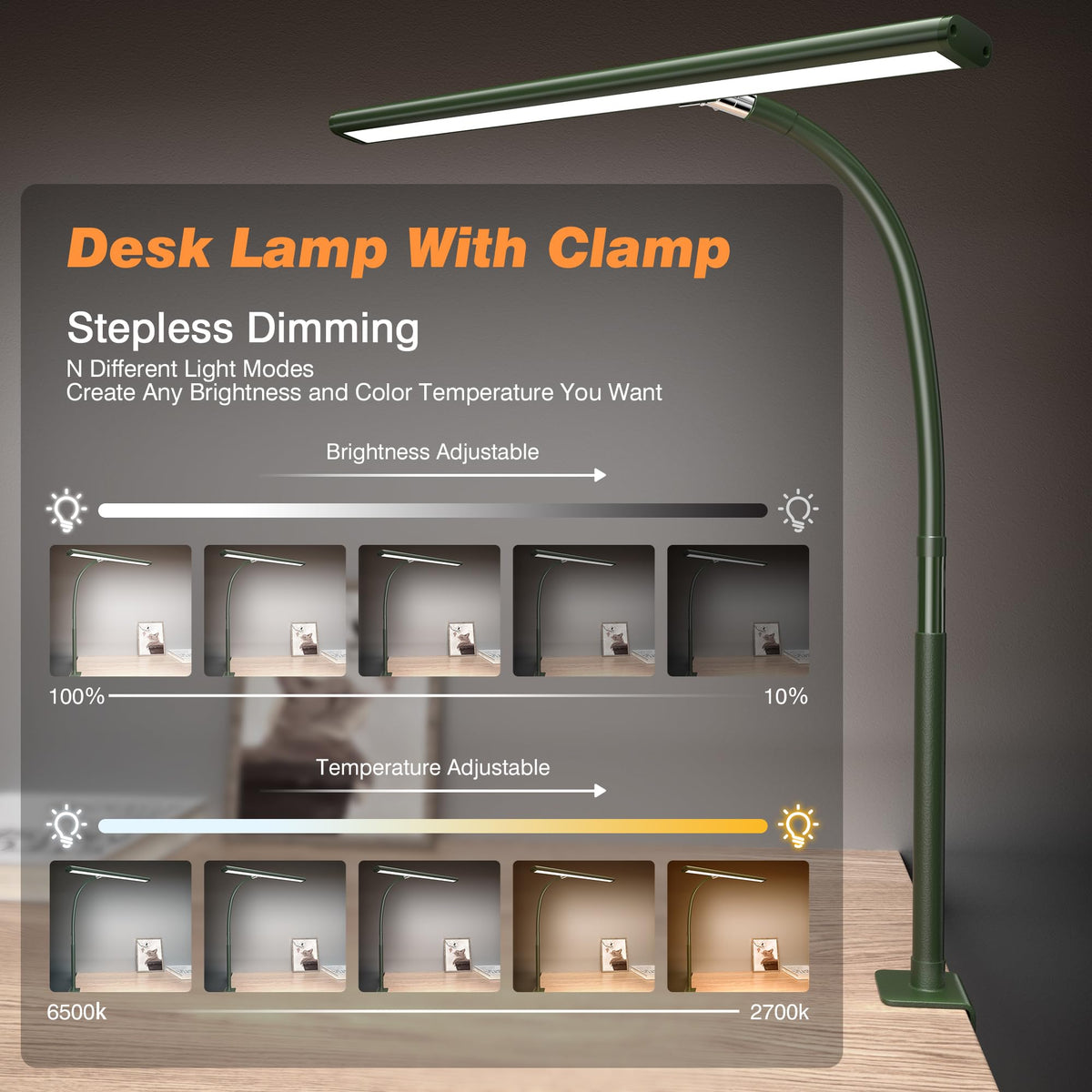 Airlonv LED Desk Lamp with Clamp, 17" Stepless Dimming Light, Black