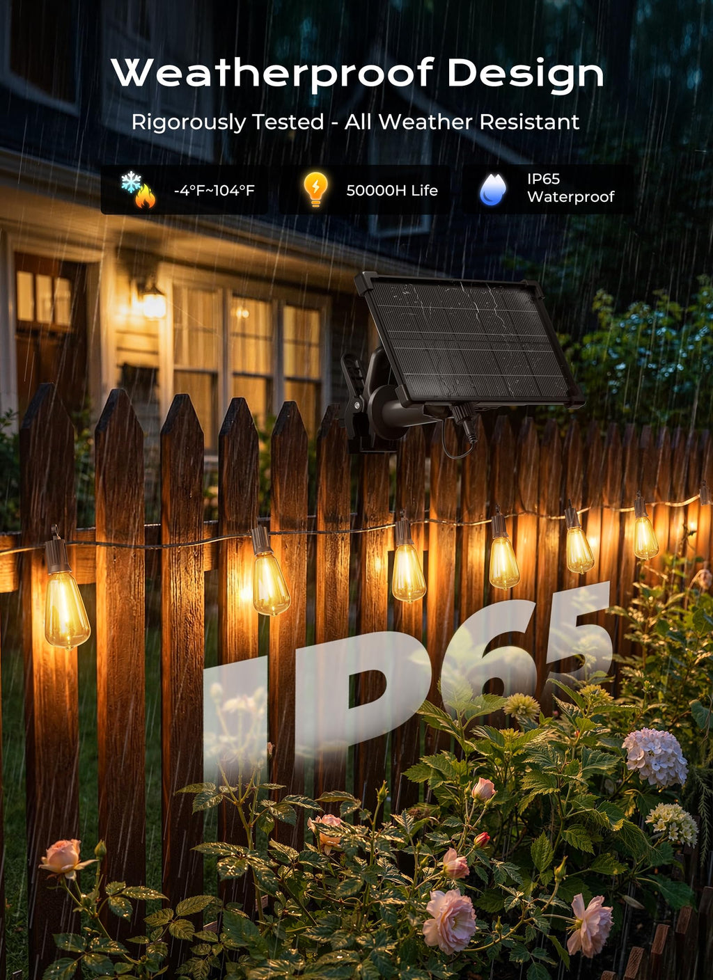 Brightown 52FT Solar String Lights Outdoor Waterproof, Last 30+ Hrs Runtime