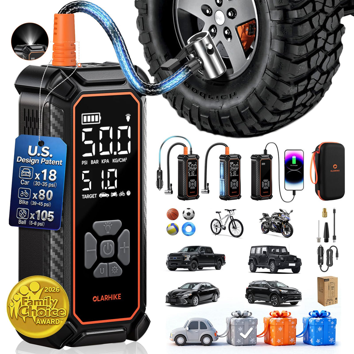 OlarHike Tire Inflator Portable Air Compressor,Dual Power-3*2500mAh &12V DC