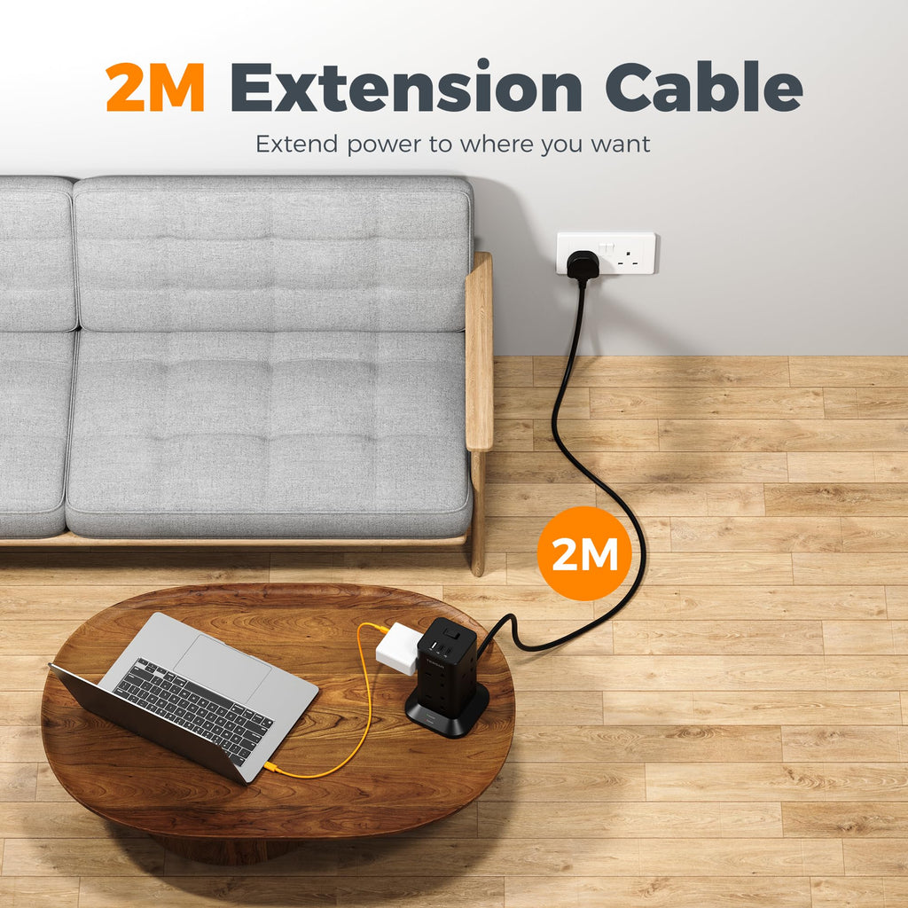 TESSAN Tower Black Extension Lead with USB C Slots