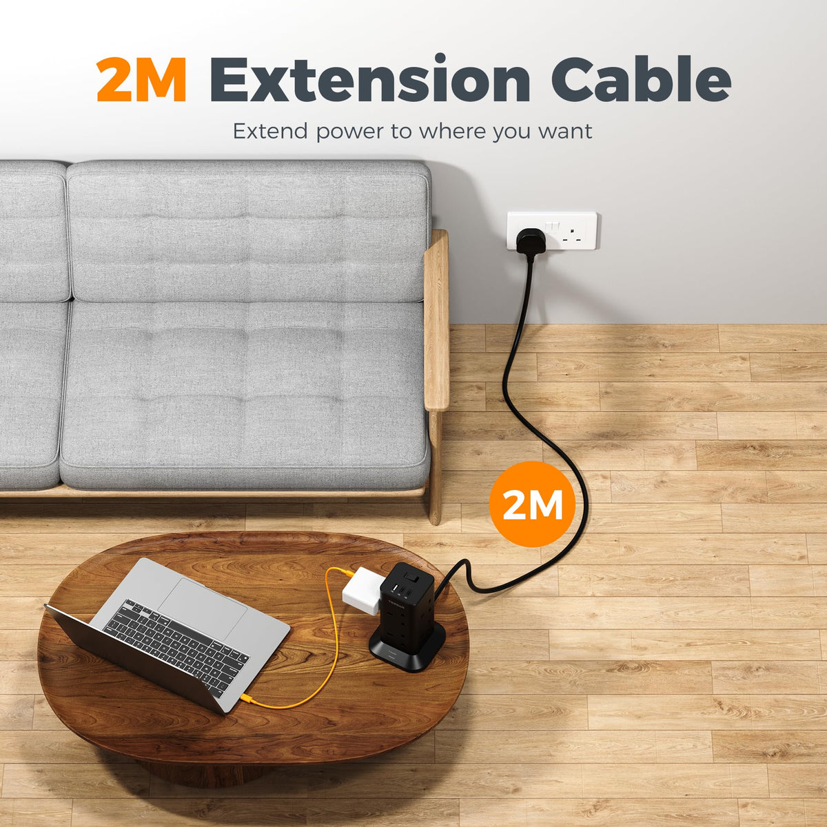 TESSAN Tower Black Extension Lead with USB C Slots