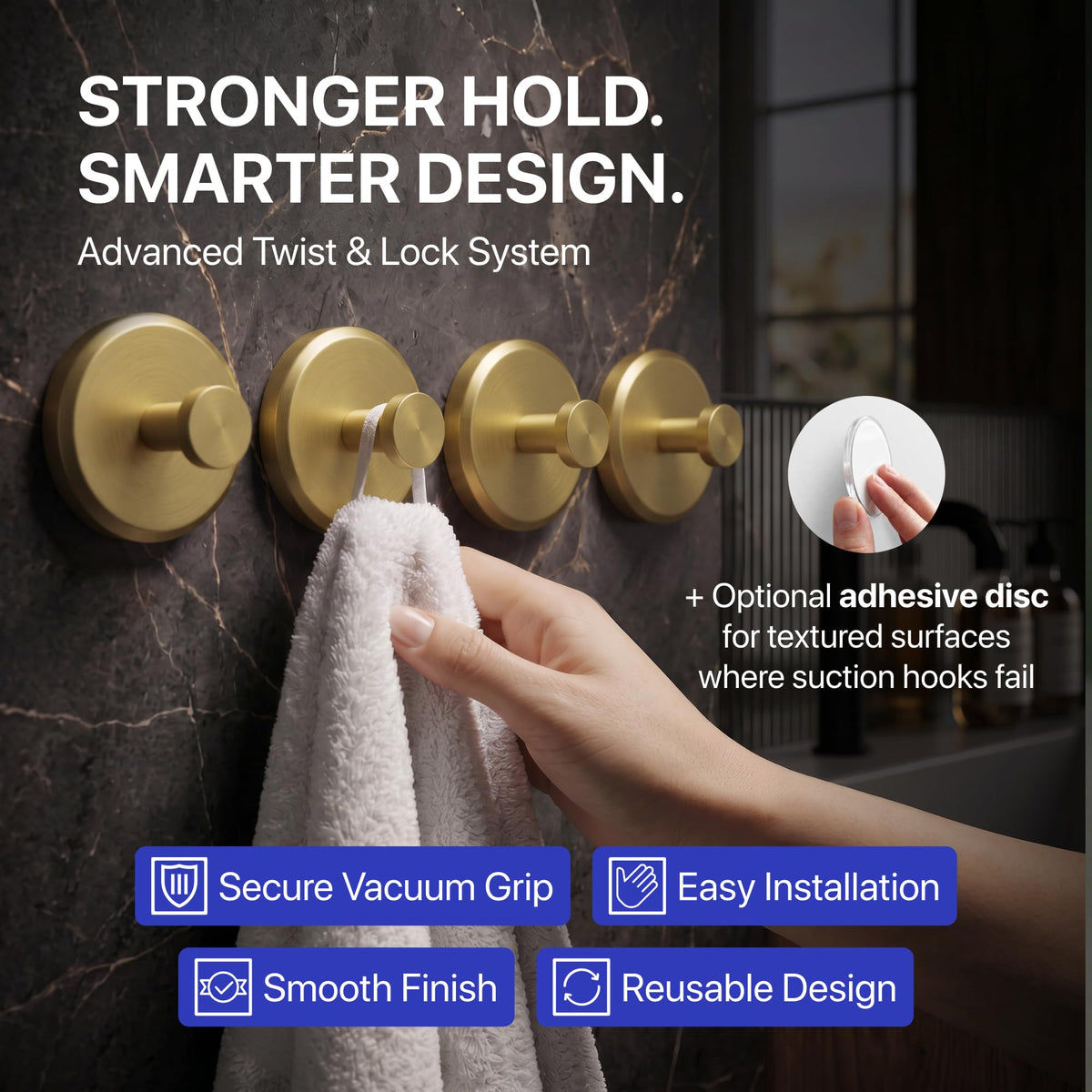 HOME SO Suction Cup Hooks for Shower & Bathroom Towel Holder 2-Pack Black