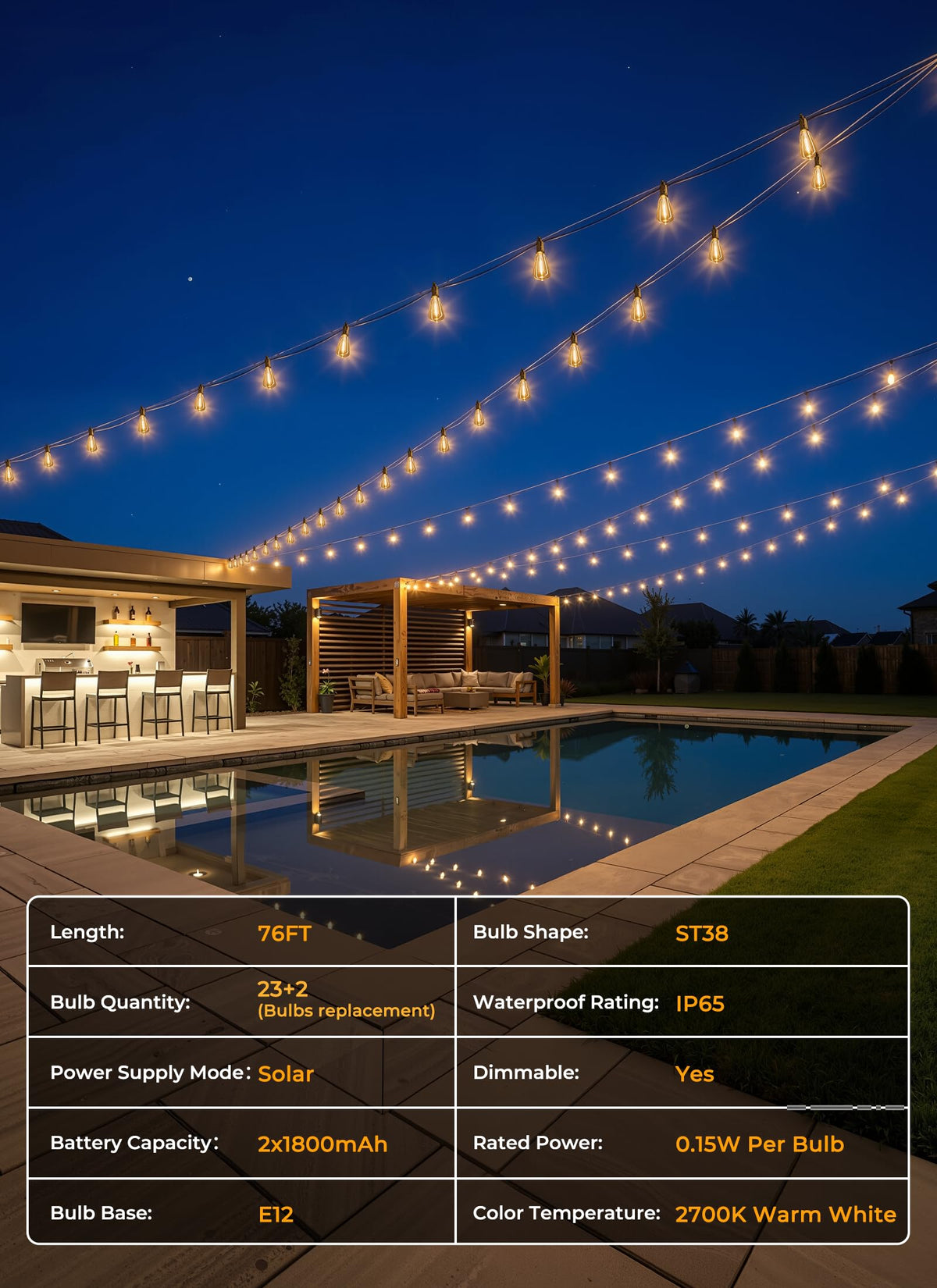 Brightown 52FT Solar String Lights Outdoor Waterproof, Last 30+ Hrs Runtime