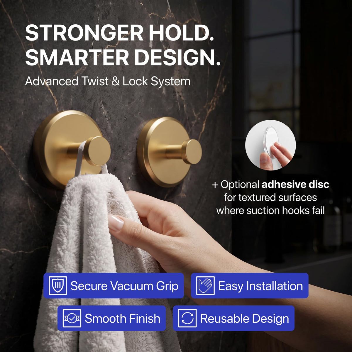 HOME SO Suction Cup Hooks for Shower & Bathroom Towel Holder 2-Pack Black