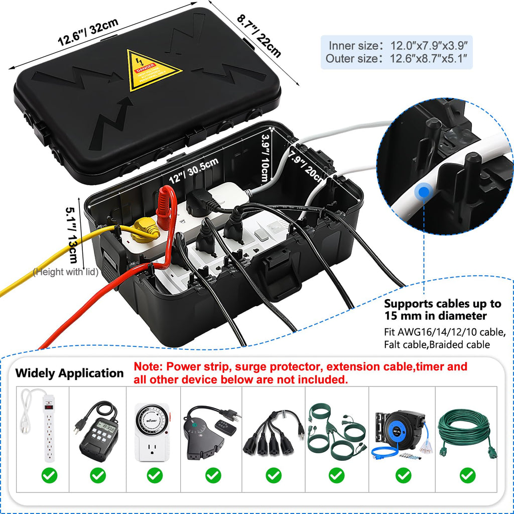 Hrensaw Medium Outdoor Electrical Box(10.6x5.5x4.5inch),Weatherproof Connection Box w/6 Cable Entry,IP54 Waterproof Extension Cord Cover Protect Power Strip,Timer,Plug,Holiday Lights,Black