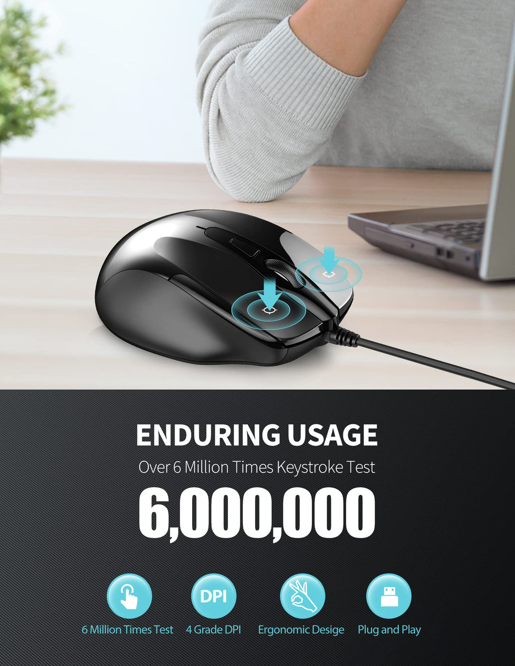 TECKNET USB Wired Mouse,6400 DPI Optical,6-Button Ergonomic Computer Mouse