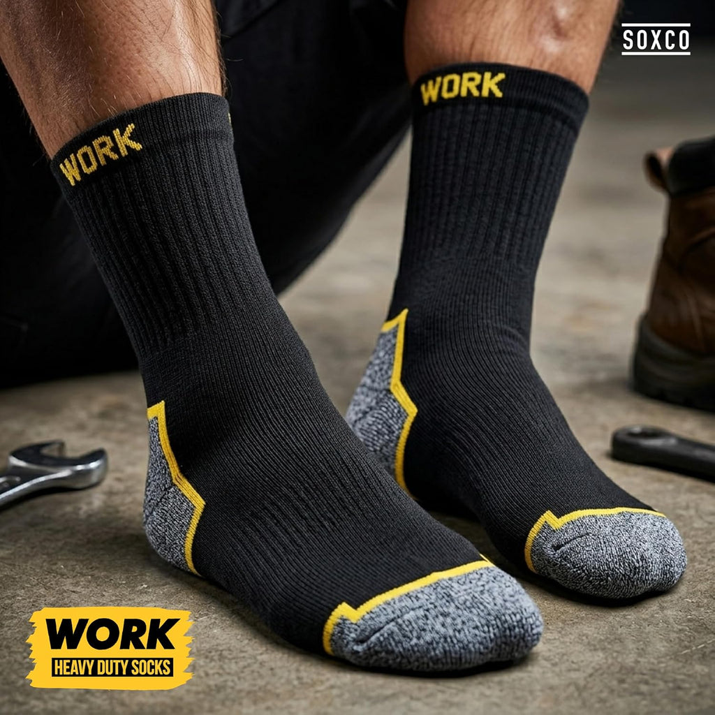 SOXCO 10 Pairs Men’s Work Socks, Black Crew Length | DRI-WIK Moisture Management Technology | Super Soft Cushioned Footbed | Reinforced Heel & Toe | Dura-Stretch Elastane | Pack of 6 or 10 Pairs