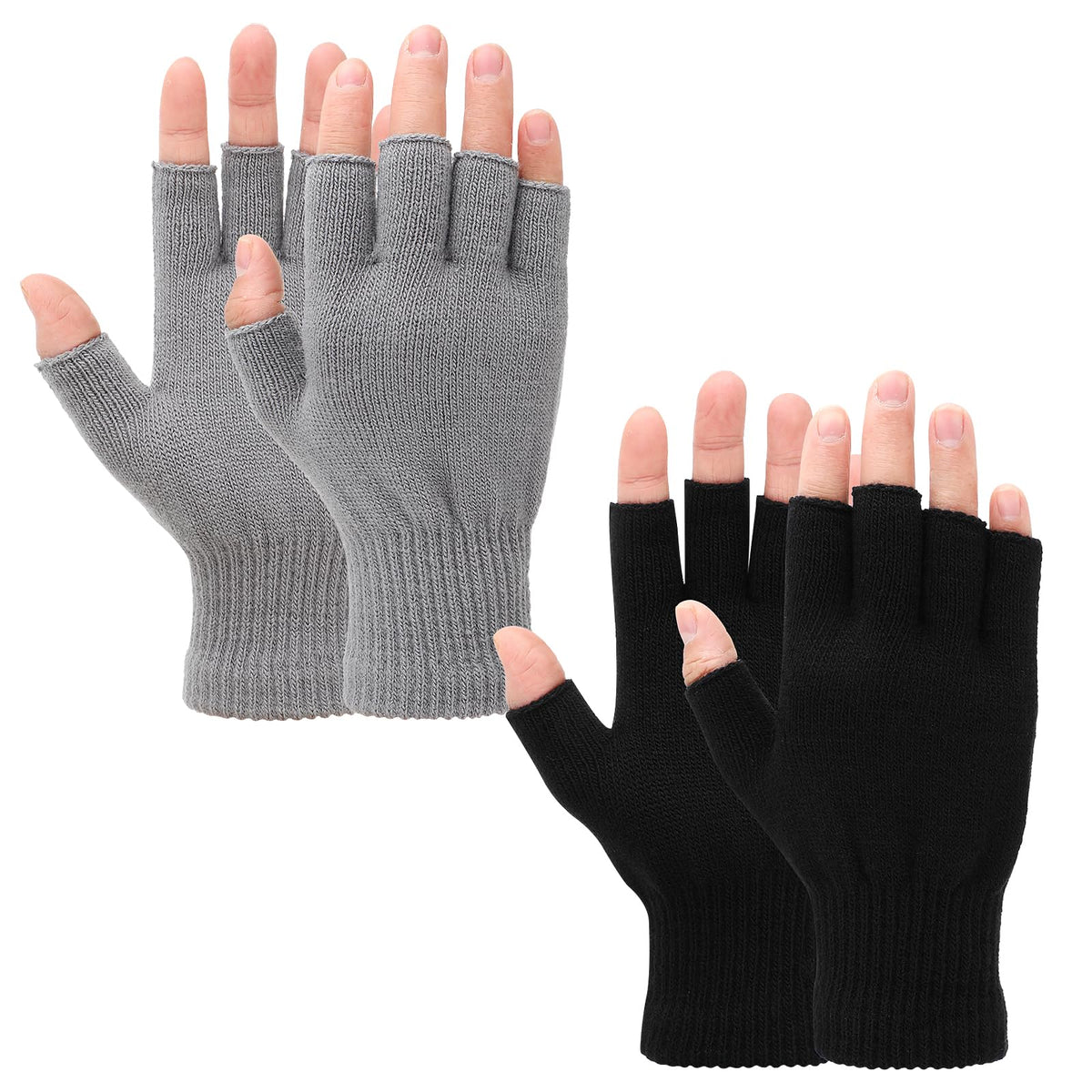 Grevosea 2 Pair Fingerless Warm Gloves - Winter Half Finger Gloves Thickened Knit Touchscreen Stretchy Mittens for Men Women