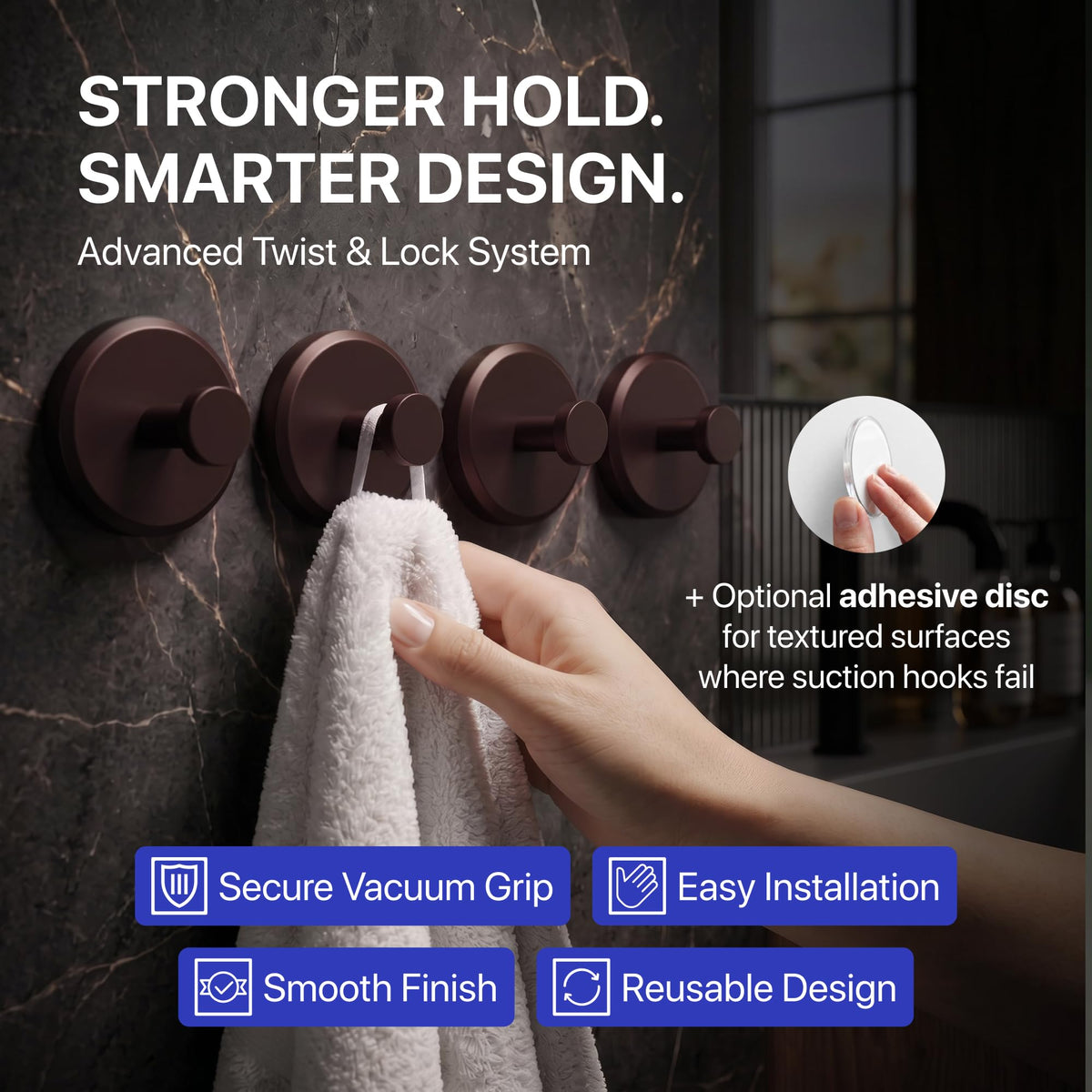 HOME SO Suction Cup Hooks for Shower & Bathroom Towel Holder 2-Pack Black