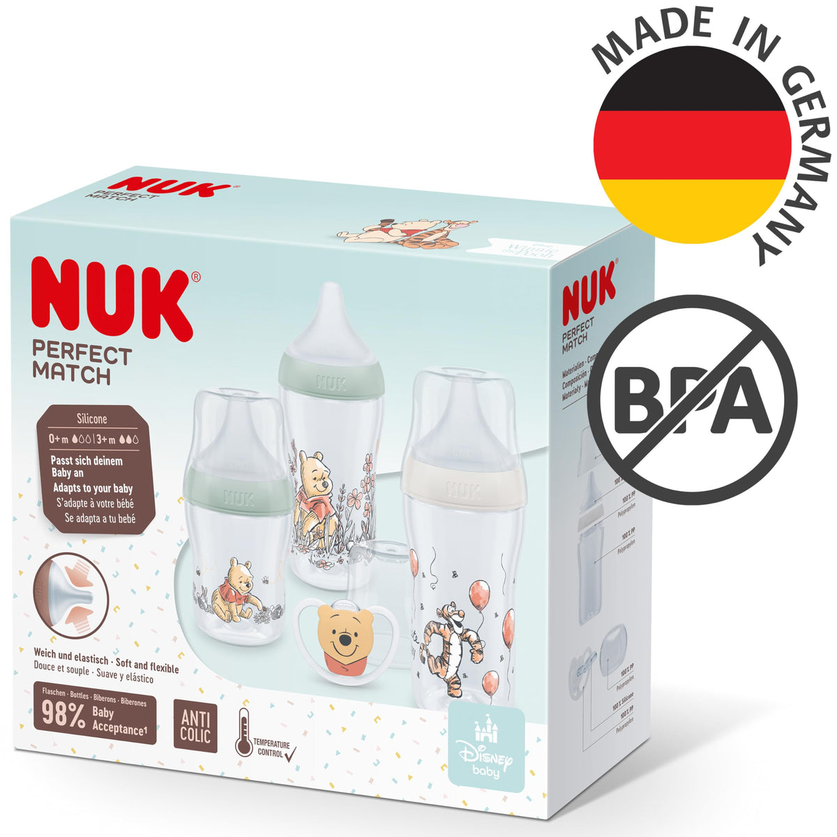 NUK Perfect Match Baby Bottle | 3+ Months | 260ml | Anti Colic Feeding Bottle | PP | Temperature Control Indicator | Hippo | 3 Count