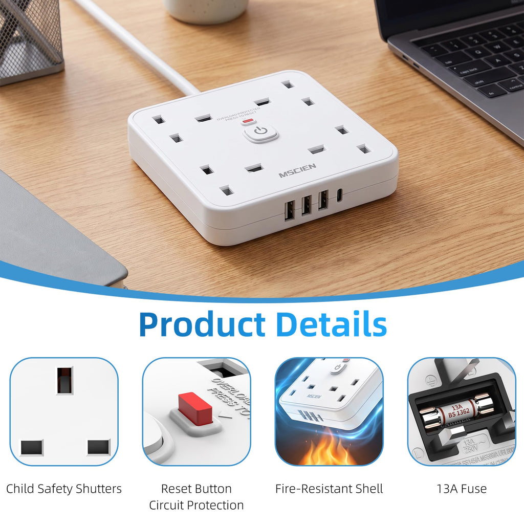 3M 4 Way Extension Lead with 4 USB Slots (1 USB-C + 3 USB-A), Mscien White Wall-Mounted Extension Socket with Switch and LED Indicator for Living Room, Bedroom, Kitchen, Office