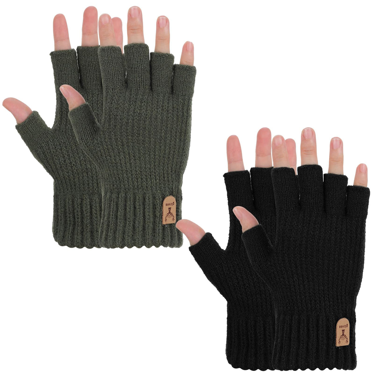 Grevosea 2 Pair Fingerless Warm Gloves - Winter Half Finger Gloves Thickened Knit Touchscreen Stretchy Mittens for Men Women