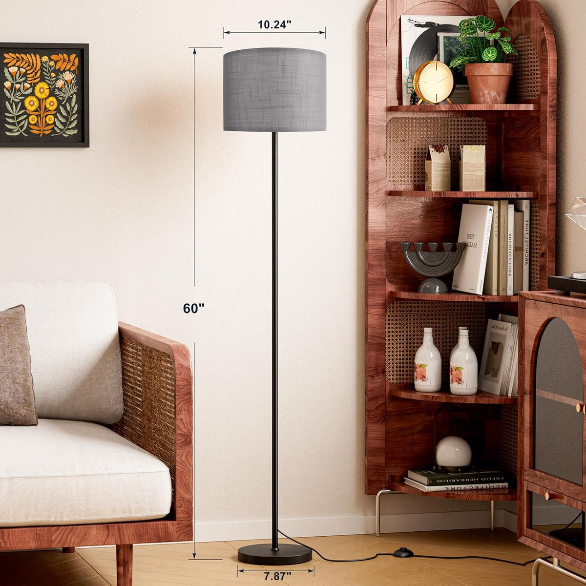 Ambimall Floor Lamp for Living Room with Smart Light Bulb, RGB + Stepless Dimmable Colors Temperature & Brightness(White Shade & Black Pole)