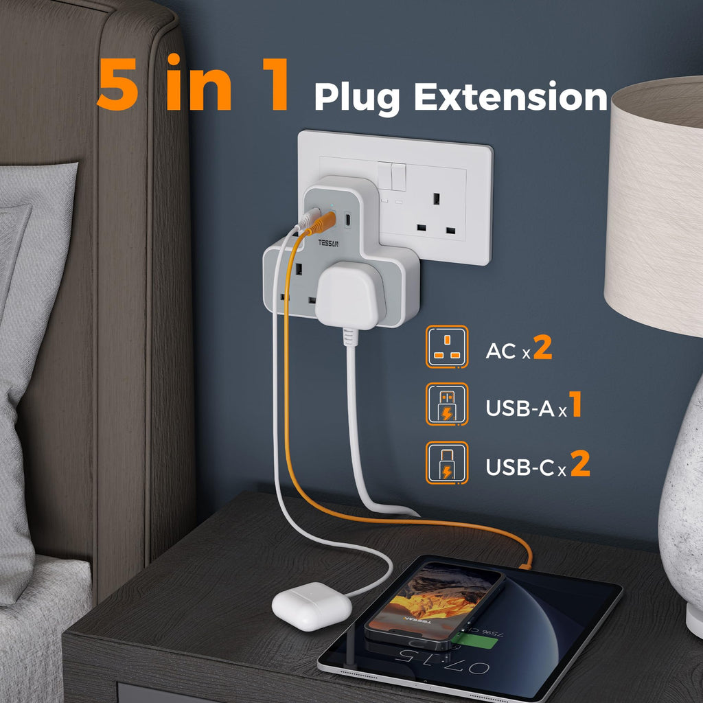 TESSAN Plug Adapter with 3 USB Ports, 2 Way MultiPlug Extension