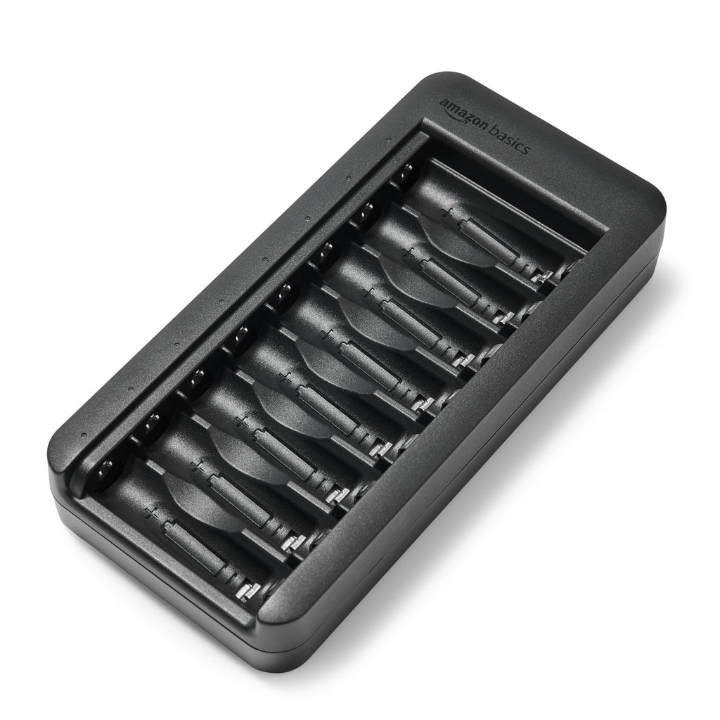 Amazon Basics Battery Charger for Rechargeable AA and AAA NiMh Batteries – UK Plug, 4-Bay, Black