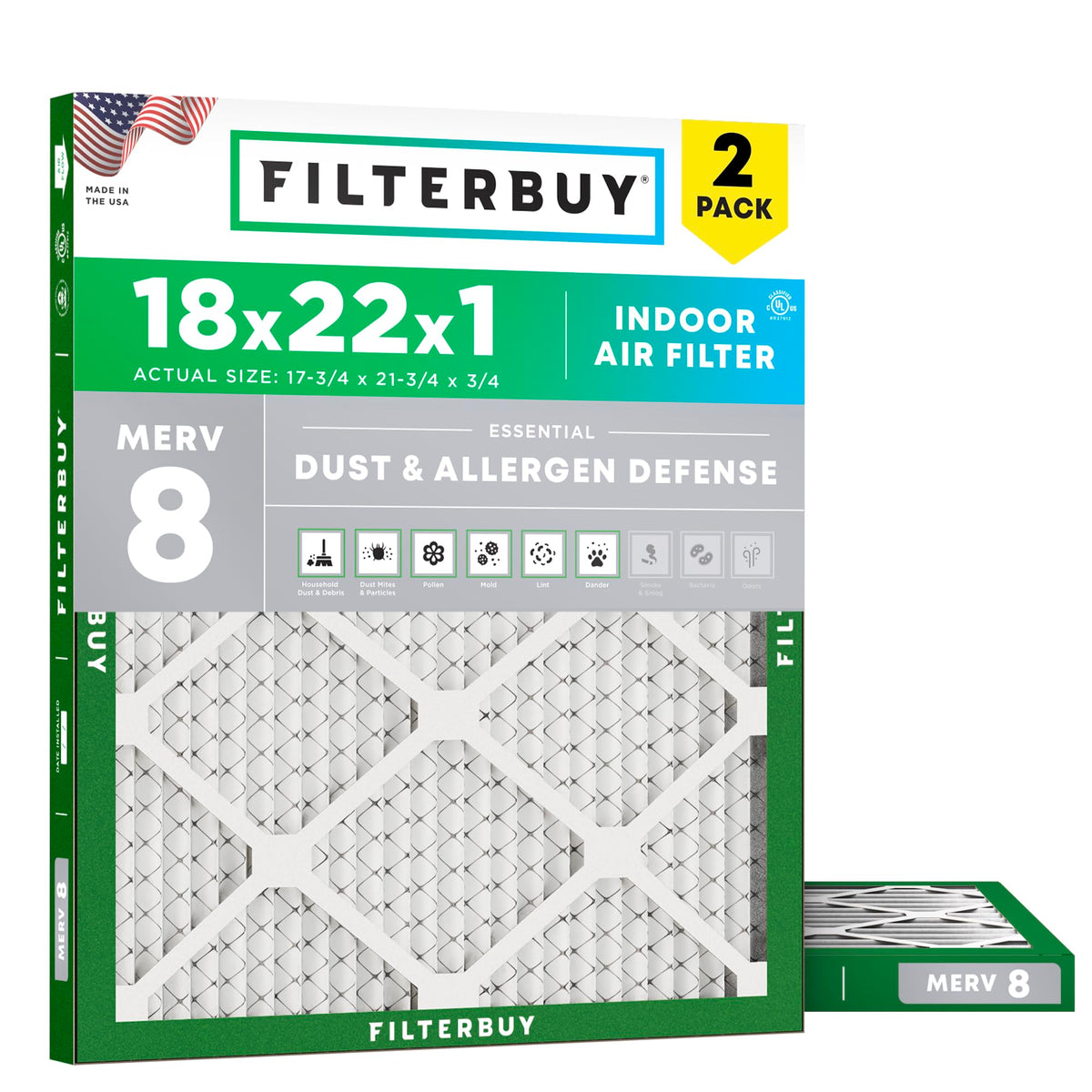 Filterbuy 18x18x1 Air Filter MERV 8 Dust & Allergy Defense (2-Pack)