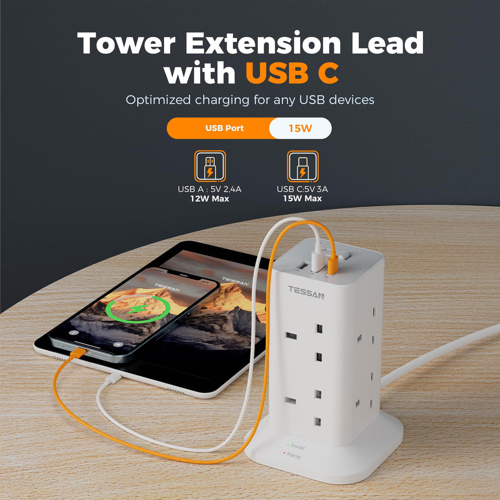 TESSAN Tower Black Extension Lead with USB C Slots