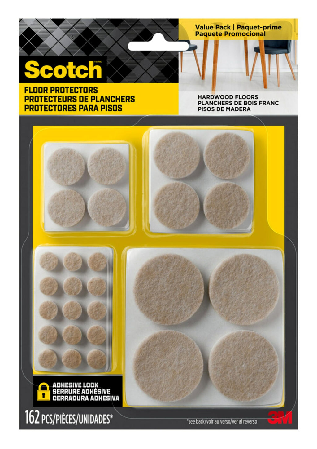 Scotch Felt Pads 162 PCS Beige, Felt Furniture Pads for Protecting Hardwood Floors, Round, Assorted Sizes Value Pack, Self-Stick design, Protecting from nicks, dents and scratches (SP845-NA)