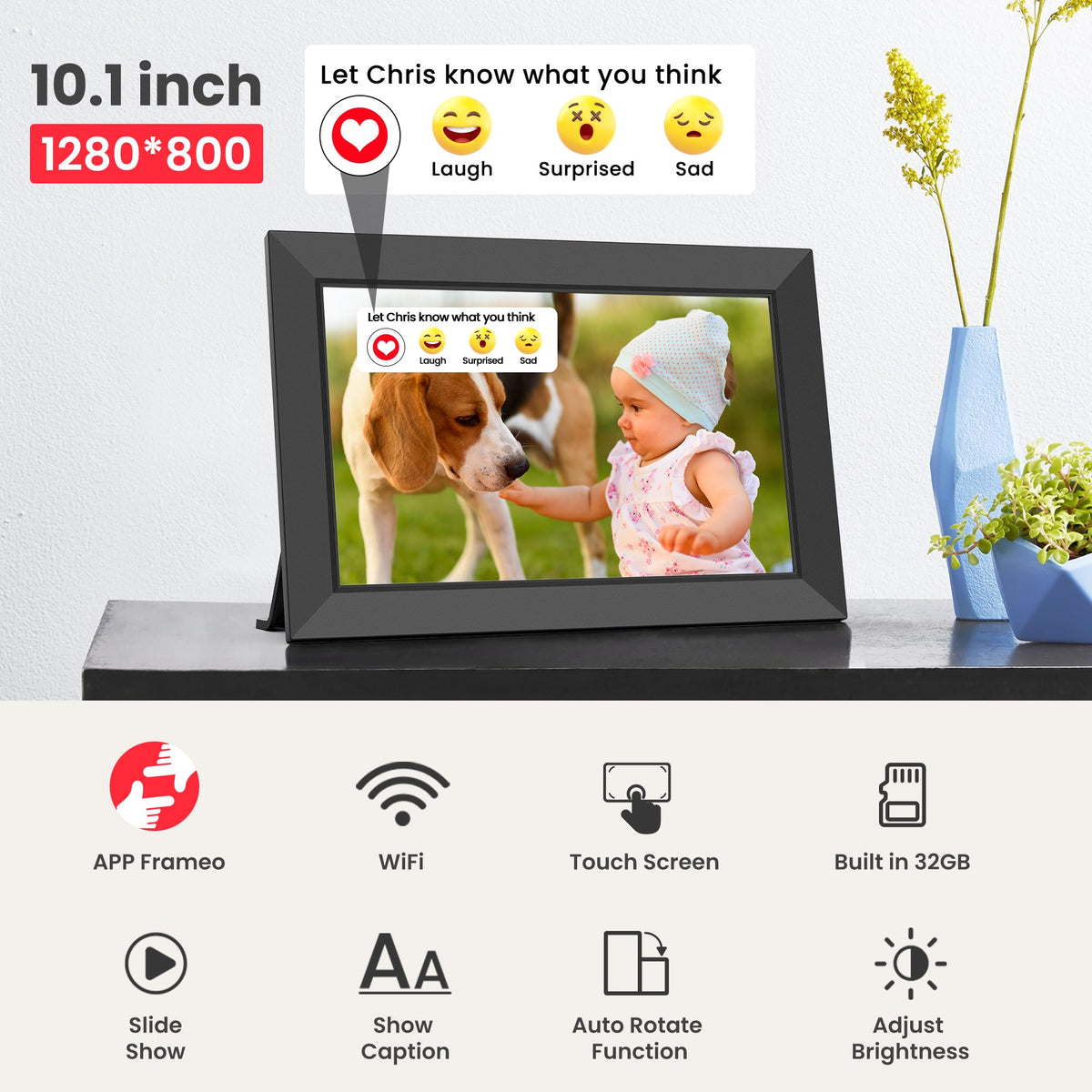 Frameo WiFi Digital Photo Frame 10.1 Inch - 1280x800 HD IPS Touch Screen Picture Frame Electronic, 32GB Memory, Auto Rotate, Wall Mountable, Digital PictureFrame for Sharing Photos and Videos