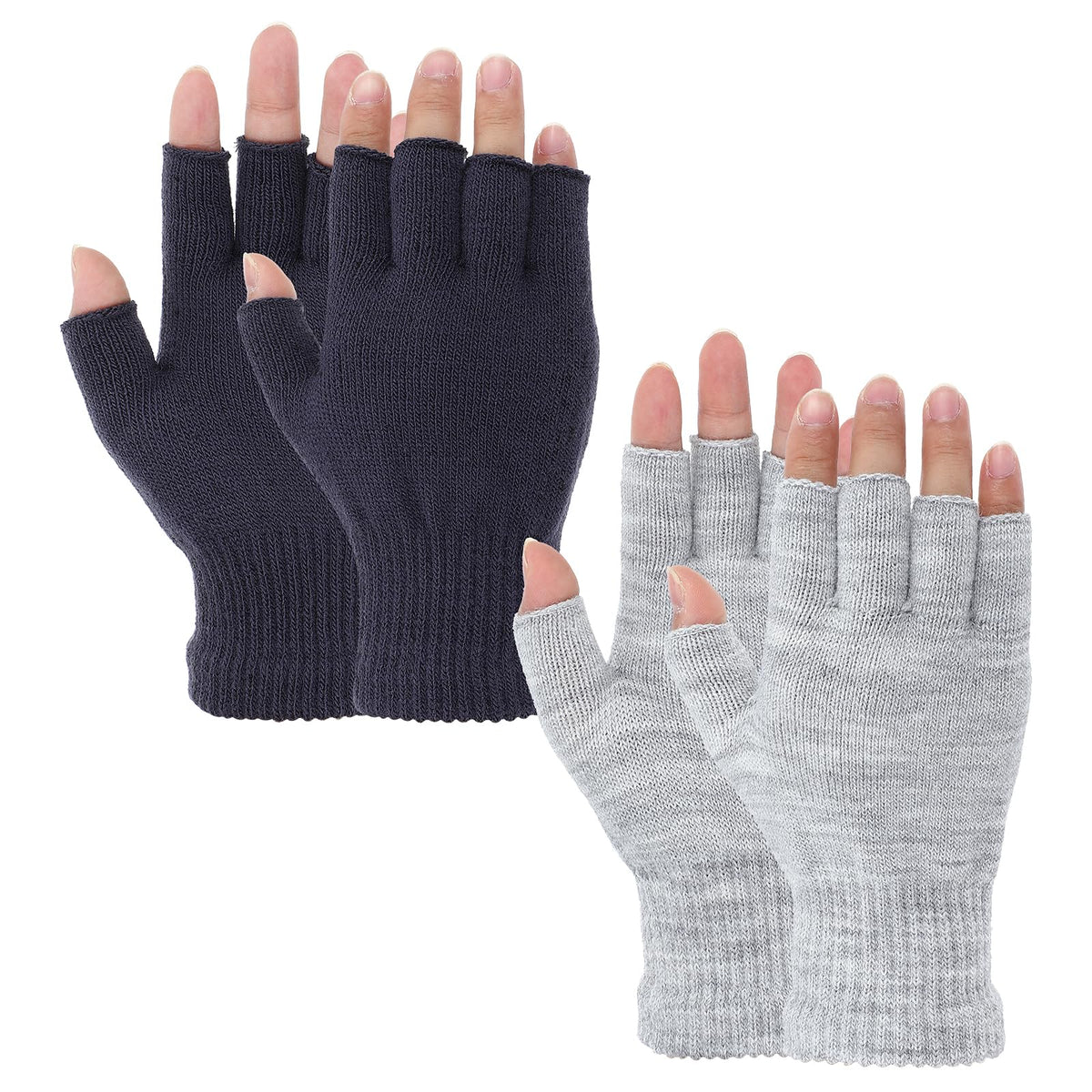 Grevosea 2 Pair Fingerless Warm Gloves - Winter Half Finger Gloves Thickened Knit Touchscreen Stretchy Mittens for Men Women