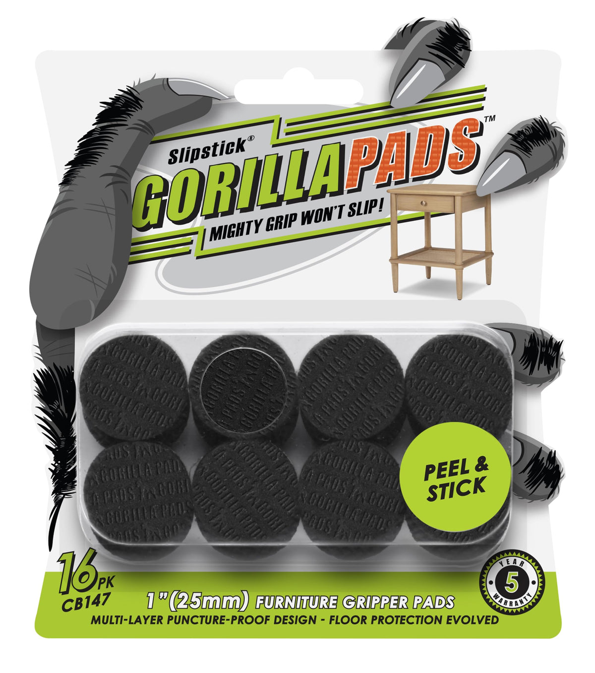 Slipstick GorillaPads Non Slip Furniture Pads/Gripper Floor Protectors (Set of 4) 3 Inch Square Self Adhesive Rubber Stoppers for Furniture Legs, CB155