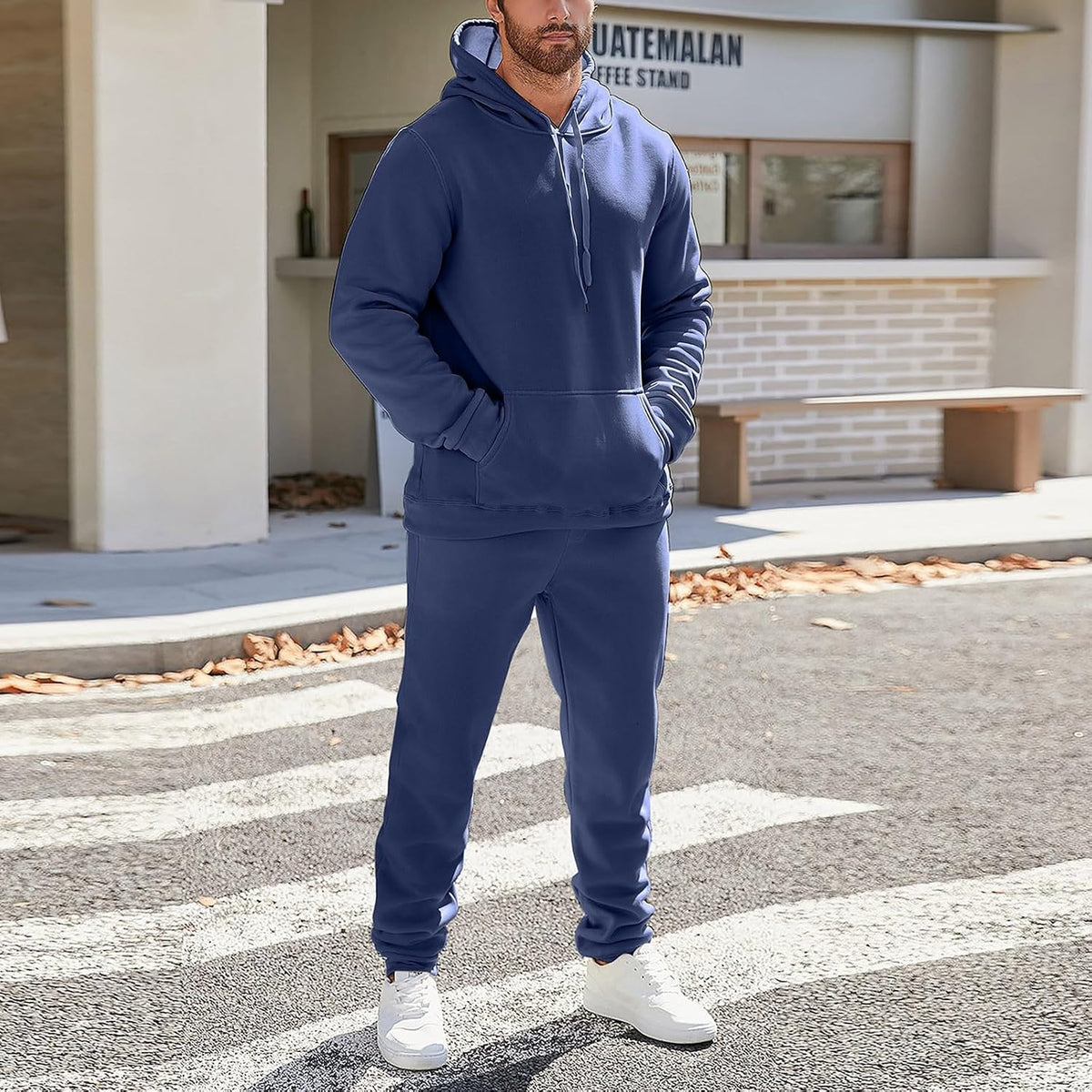Mens Plain Tracksuit Long Sleeve Hooded Sweatshirt Sweatpants Set Hoodie Joggers Sets 2 Piece Fashion Sweatsuits Activewear Sportswear Men's Clothing UK