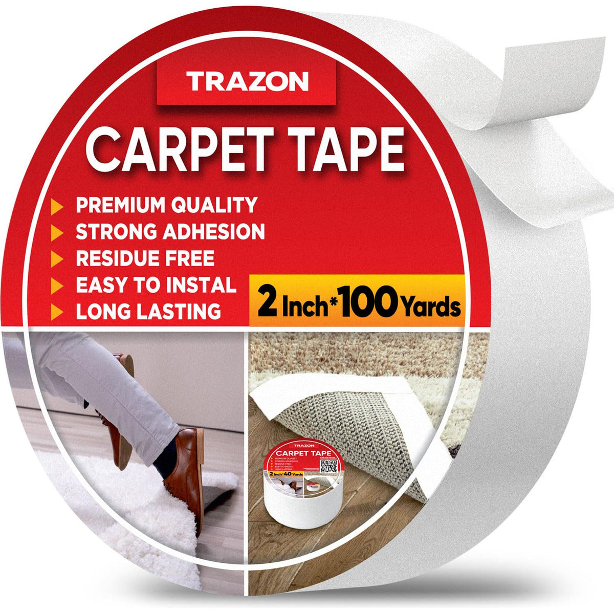 Carpet Tape Double Sided - Rug Tape Grippers for Hardwood Floors and Area Rugs - Carpet Binding Tape Strong Adhesive and Removable, Heavy Duty Stickers Grip Tape, Residue Free (2 Inch / 12 Yards)