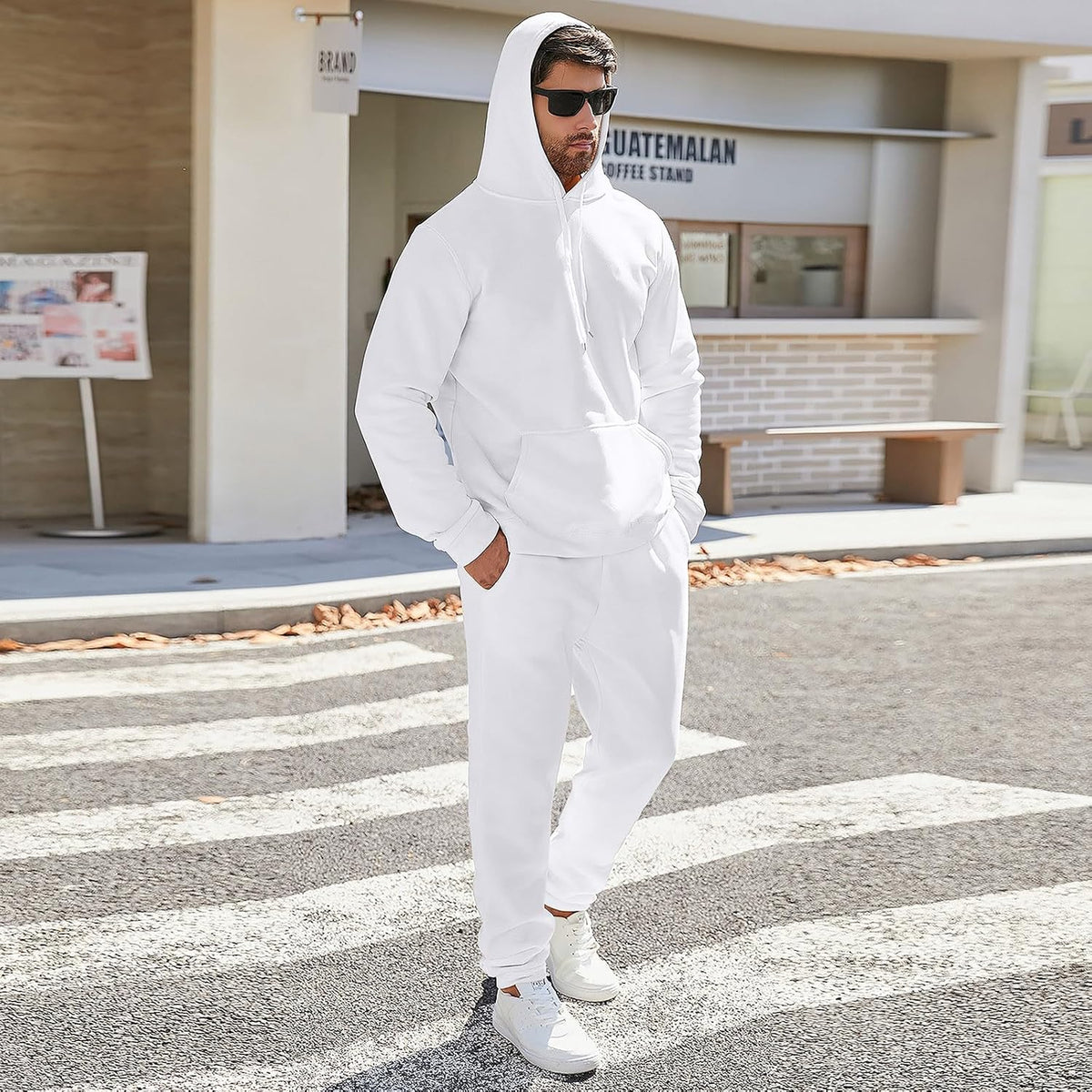 Mens Plain Tracksuit Long Sleeve Hooded Sweatshirt Sweatpants Set Hoodie Joggers Sets 2 Piece Fashion Sweatsuits Activewear Sportswear Men's Clothing UK