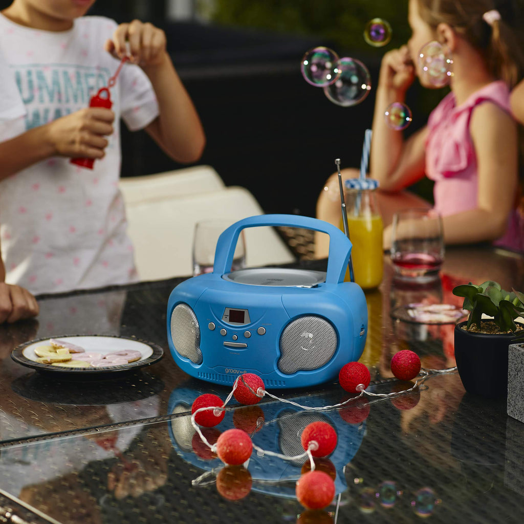 Groov-e Original Boombox - Portable CD Player with Bluetooth, Radio, 3.5mm Aux Port, & Headphone Socket - LED Display, 2 x 1.2W Speakers - Battery or Mains Powered - Blue