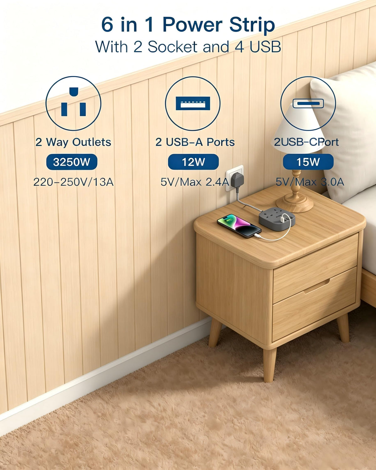 Extension Lead, Power Strips with 2 Way Outlets 4(4.5A, 2 Type C & 2 USB-A)