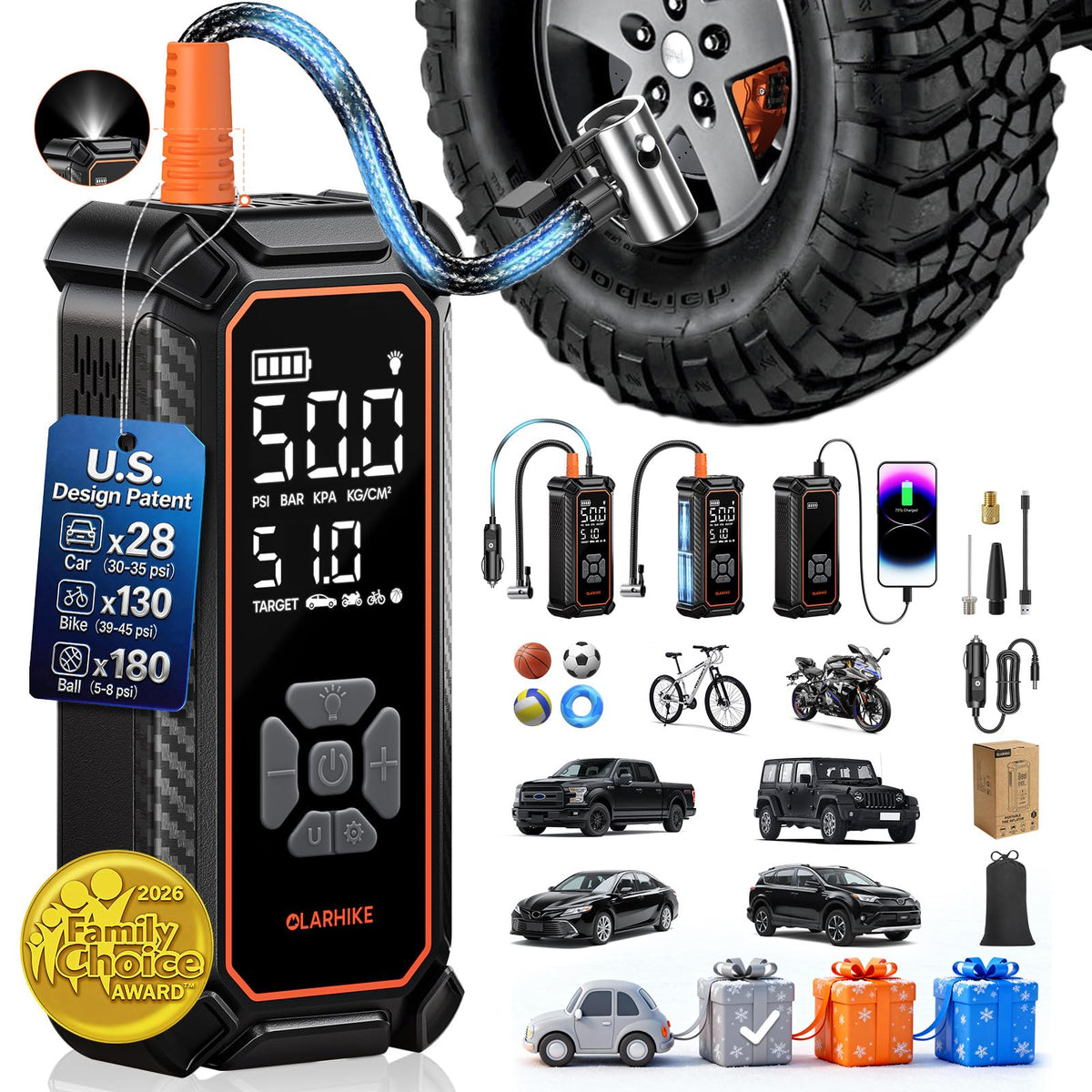 OlarHike Tire Inflator Portable Air Compressor,Dual Power-3*2500mAh &12V DC