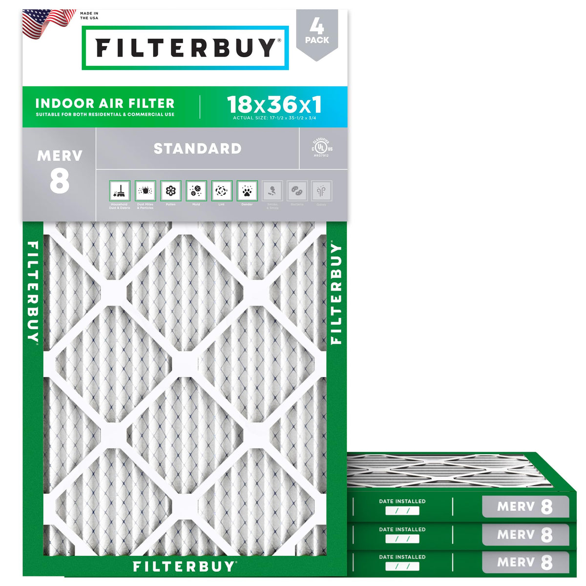 Filterbuy 20x20x1 Air Filter MERV 8 Dust & Allergy Defense (4-Pack)