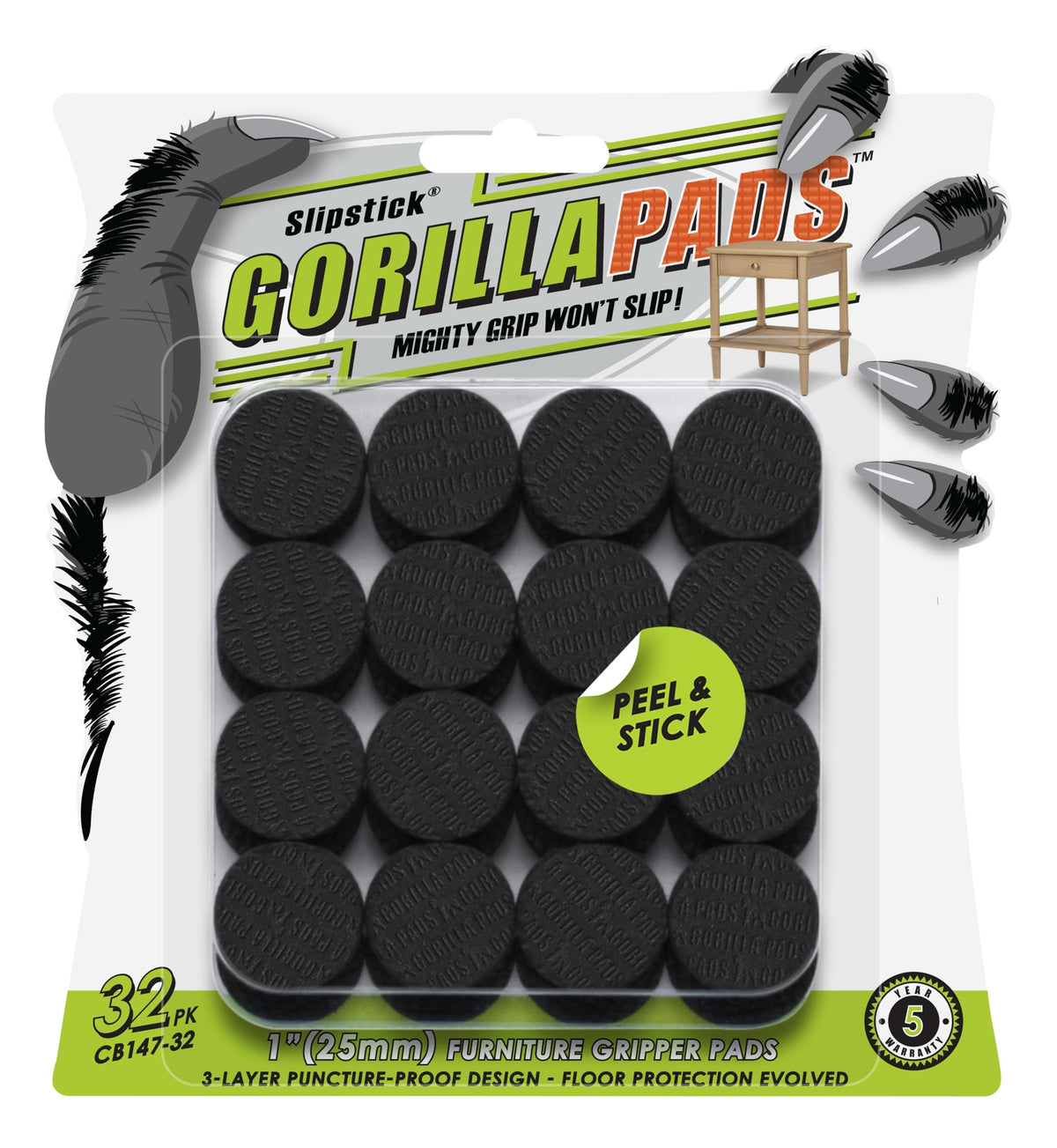 Slipstick GorillaPads Non Slip Furniture Pads/Gripper Floor Protectors (Set of 4) 3 Inch Square Self Adhesive Rubber Stoppers for Furniture Legs, CB155