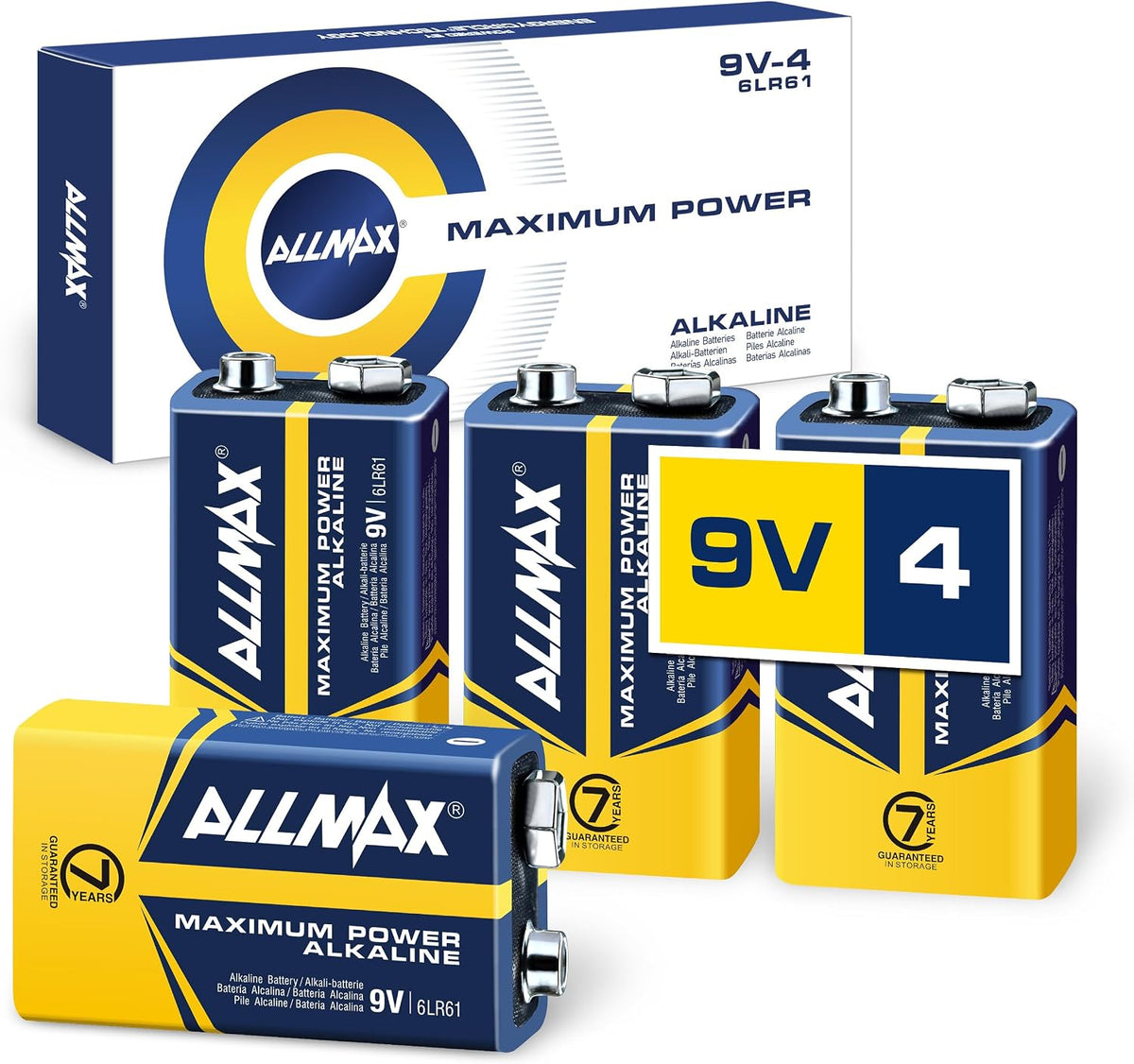 Allmax 9V (6LR61) Maximum Power Alkaline Batteries (4 Count) – 9 Volt