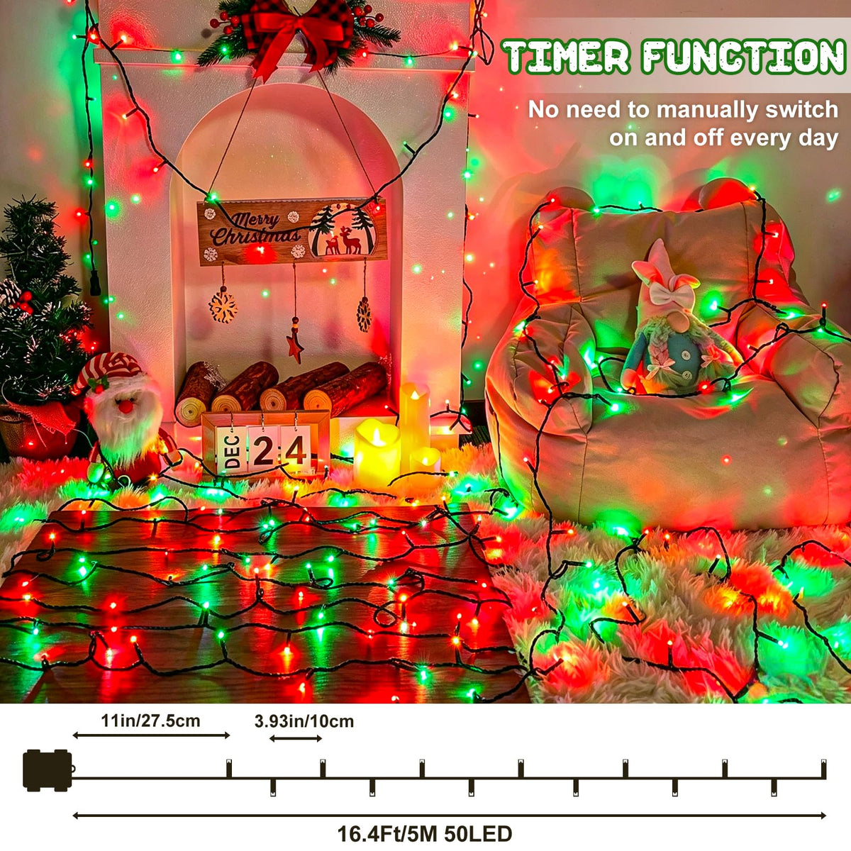 Christmas Lights Outdoor Battery Operated String Lights Total 100LED 33Ft with Timer 8 Modes 16.4Ft*2 Waterproof Outdoor Indoor for Christmas Decor, Warm White, 2-Pack