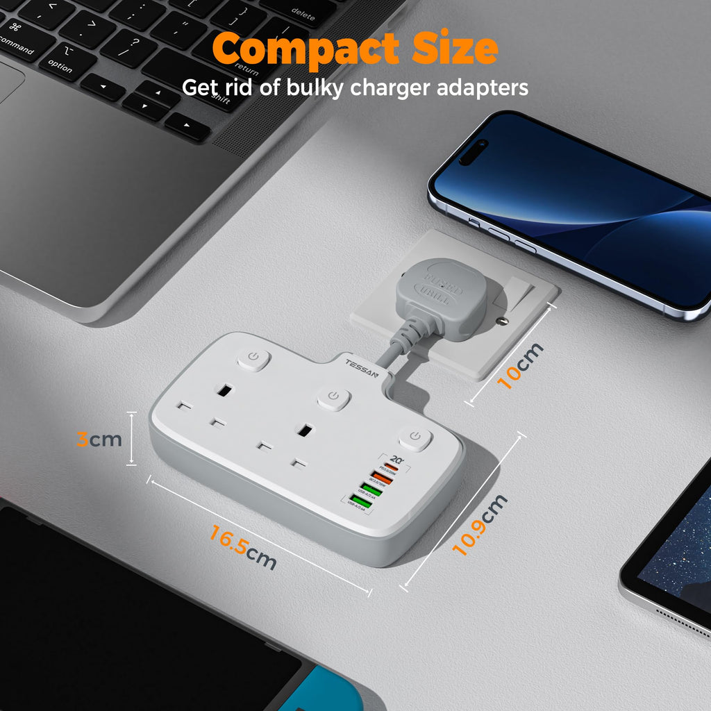 TESSAN USB Charger Plug Adapter UK (2 USB C), Double Plug Extension Socket